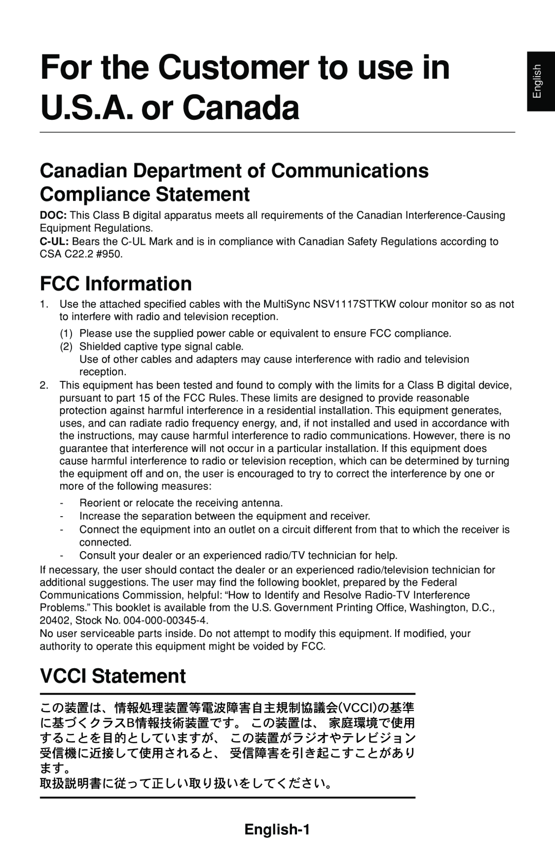 NEC FE1250+ user manual For the Customer to use in U.S.A. or Canada, FCC Information, VCCI Statement, English-1 