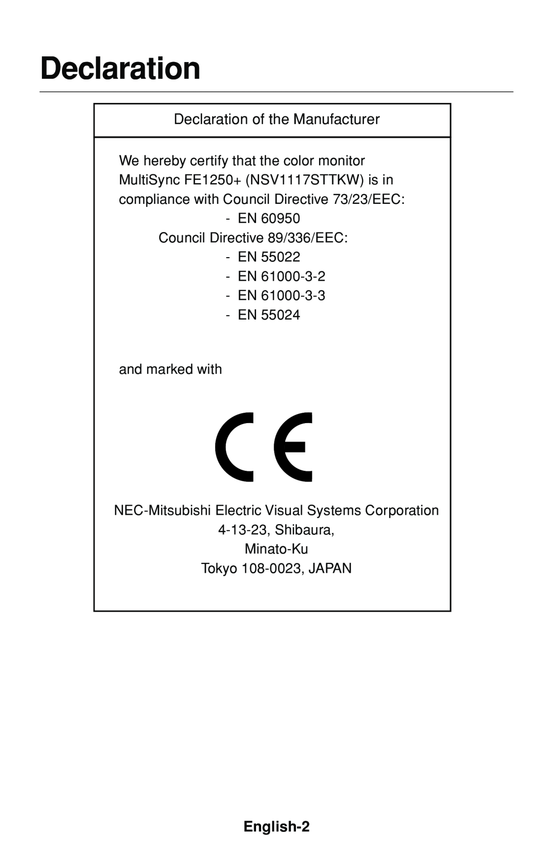 NEC FE1250+ user manual English-2, Declaration, EN Council Directive 89/336/EEC EN EN EN EN, and marked with 