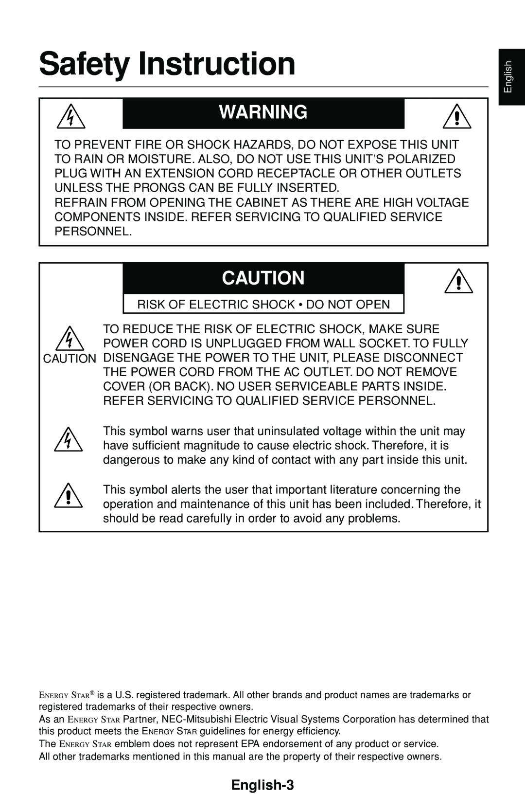 NEC FE1250+ user manual Safety Instruction, English-3 