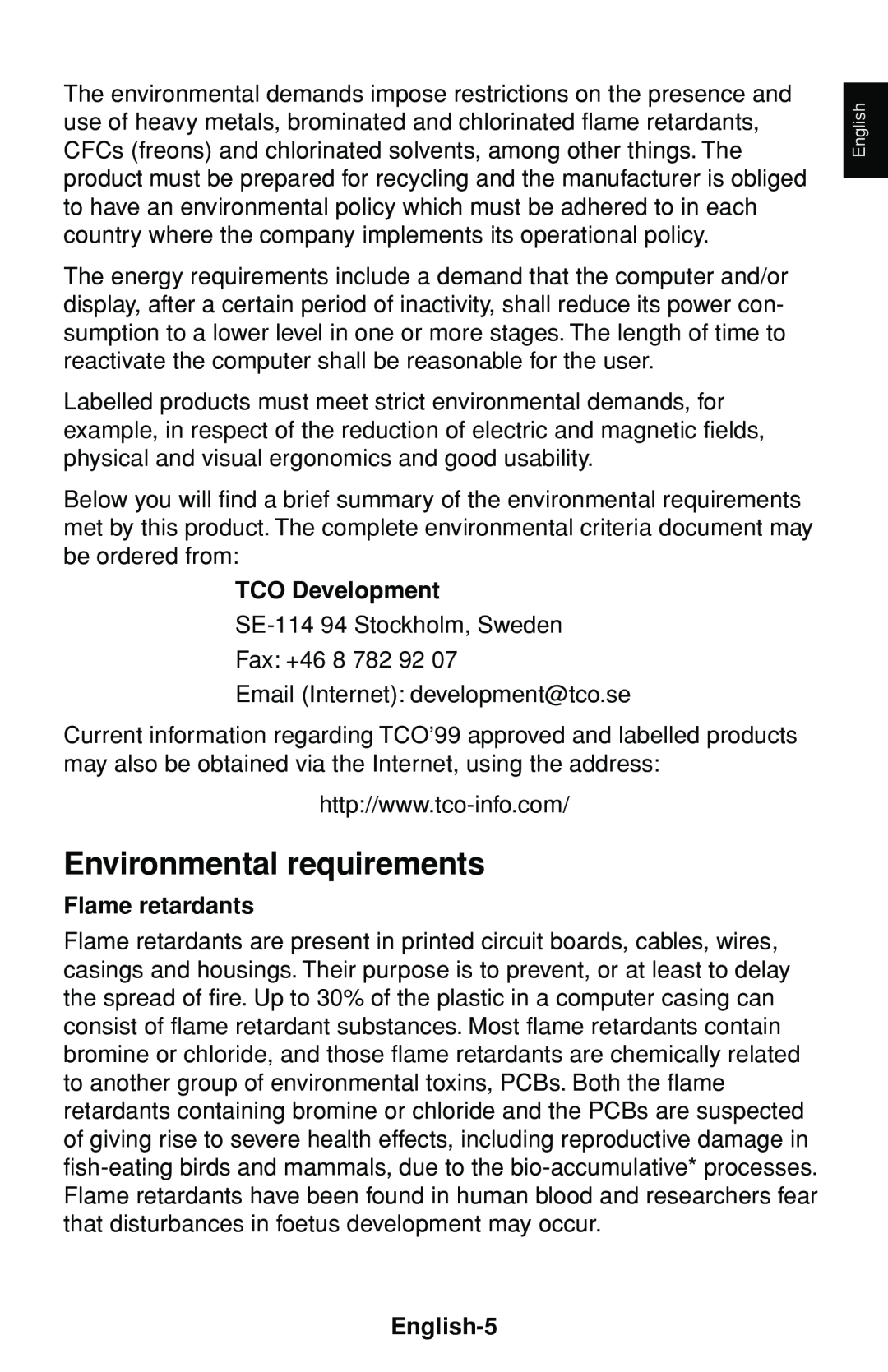 NEC FE1250+ user manual Environmental requirements, TCO Development, Flame retardants, English-5 