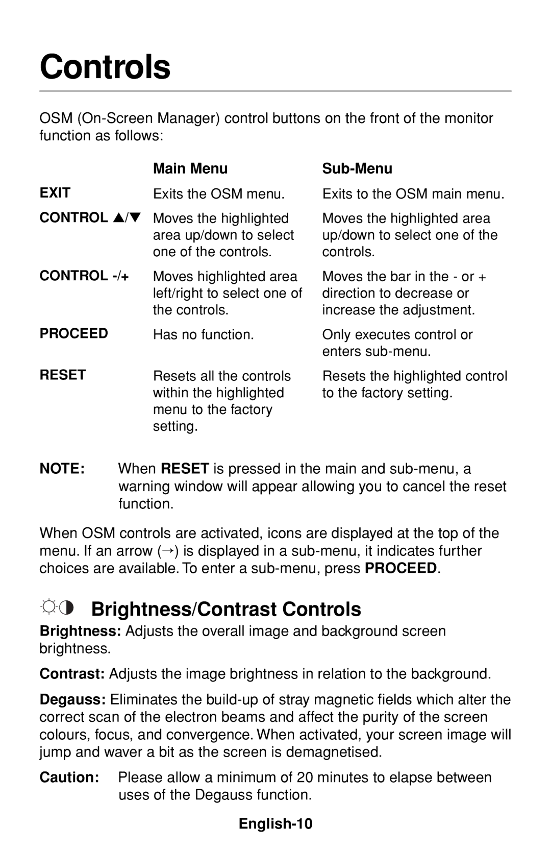 NEC FE1250+ user manual Brightness/Contrast Controls, Main Menu, Sub-Menu, English-10 