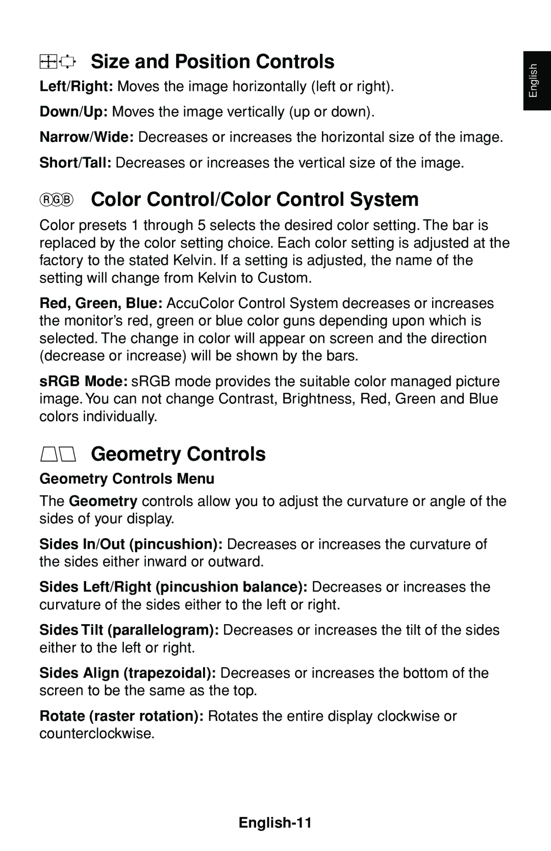 NEC FE1250+ user manual Size and Position Controls 