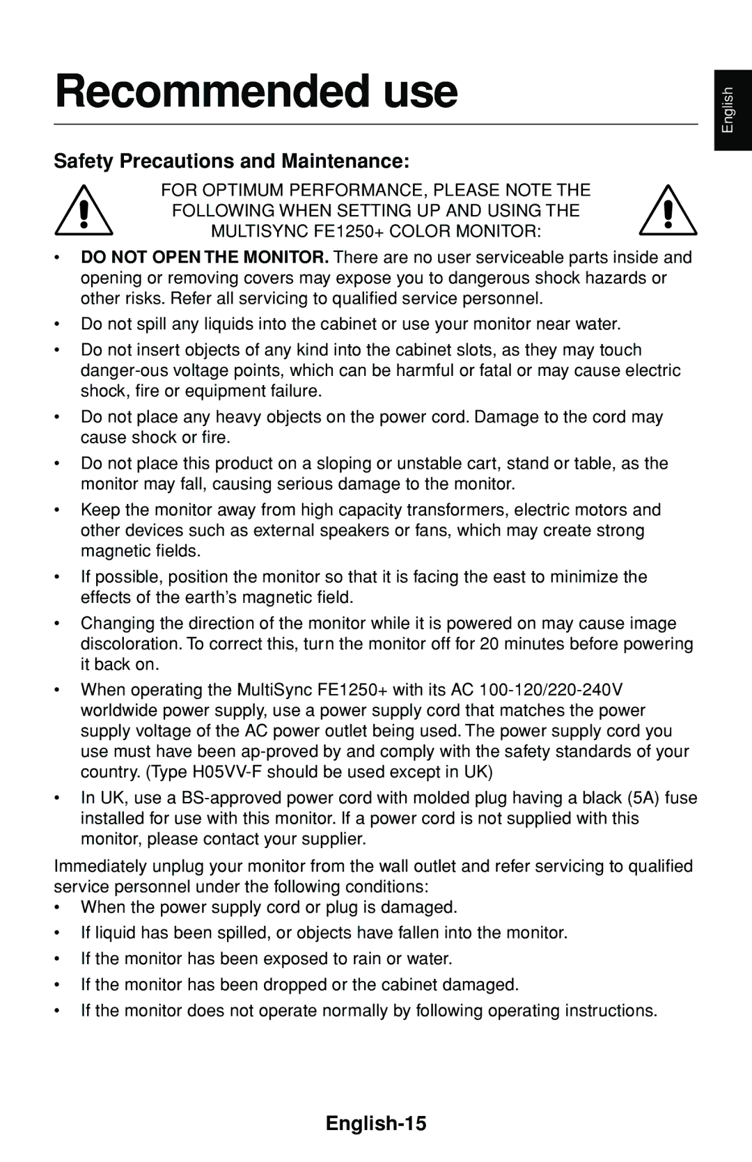 NEC FE1250+ user manual Recommended use, Safety Precautions and Maintenance, English-15 