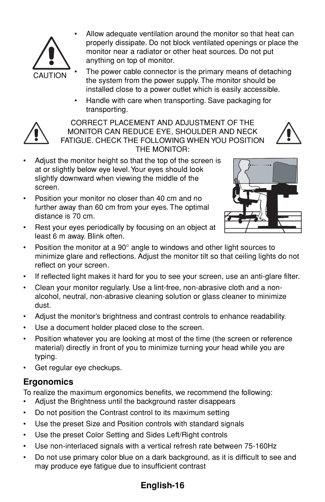 NEC FE1250+ user manual Ergonomics, English-16 