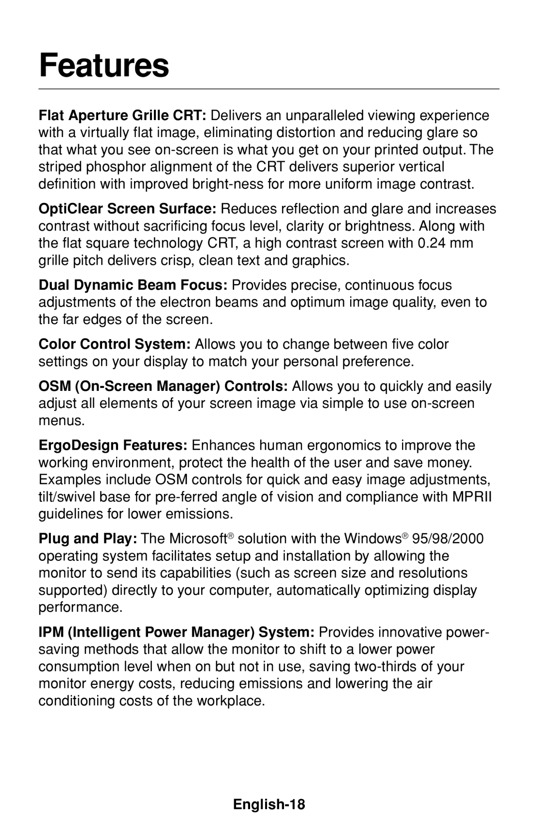 NEC FE1250+ user manual Features 