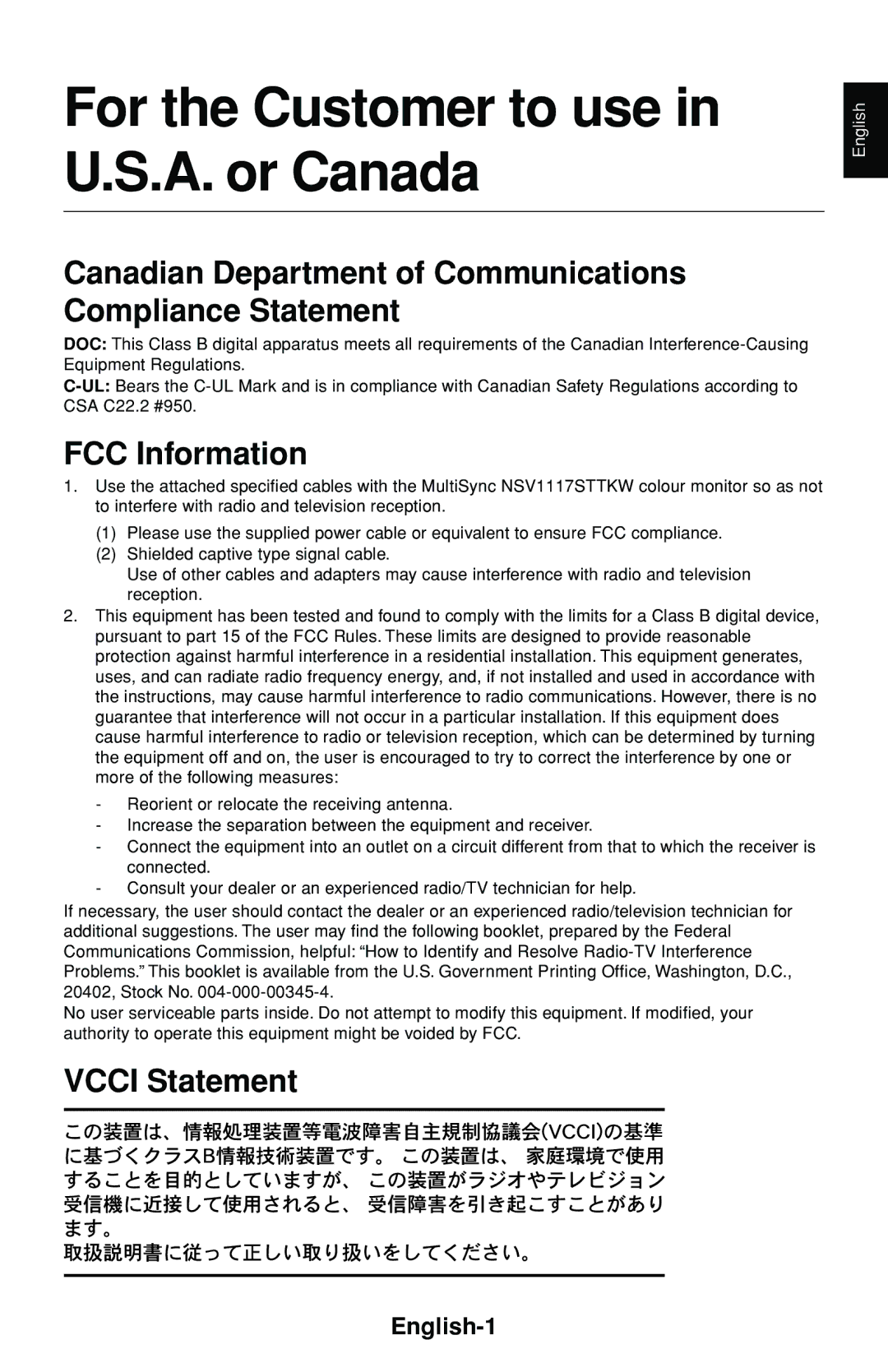 NEC FE1250+ For the Customer to use in U.S.A. or Canada, Canadian Department of Communications Compliance Statement 