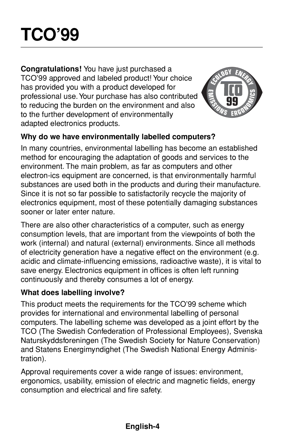 NEC FE1250+ user manual TCO’99, Why do we have environmentally labelled computers?, What does labelling involve?, English-4 