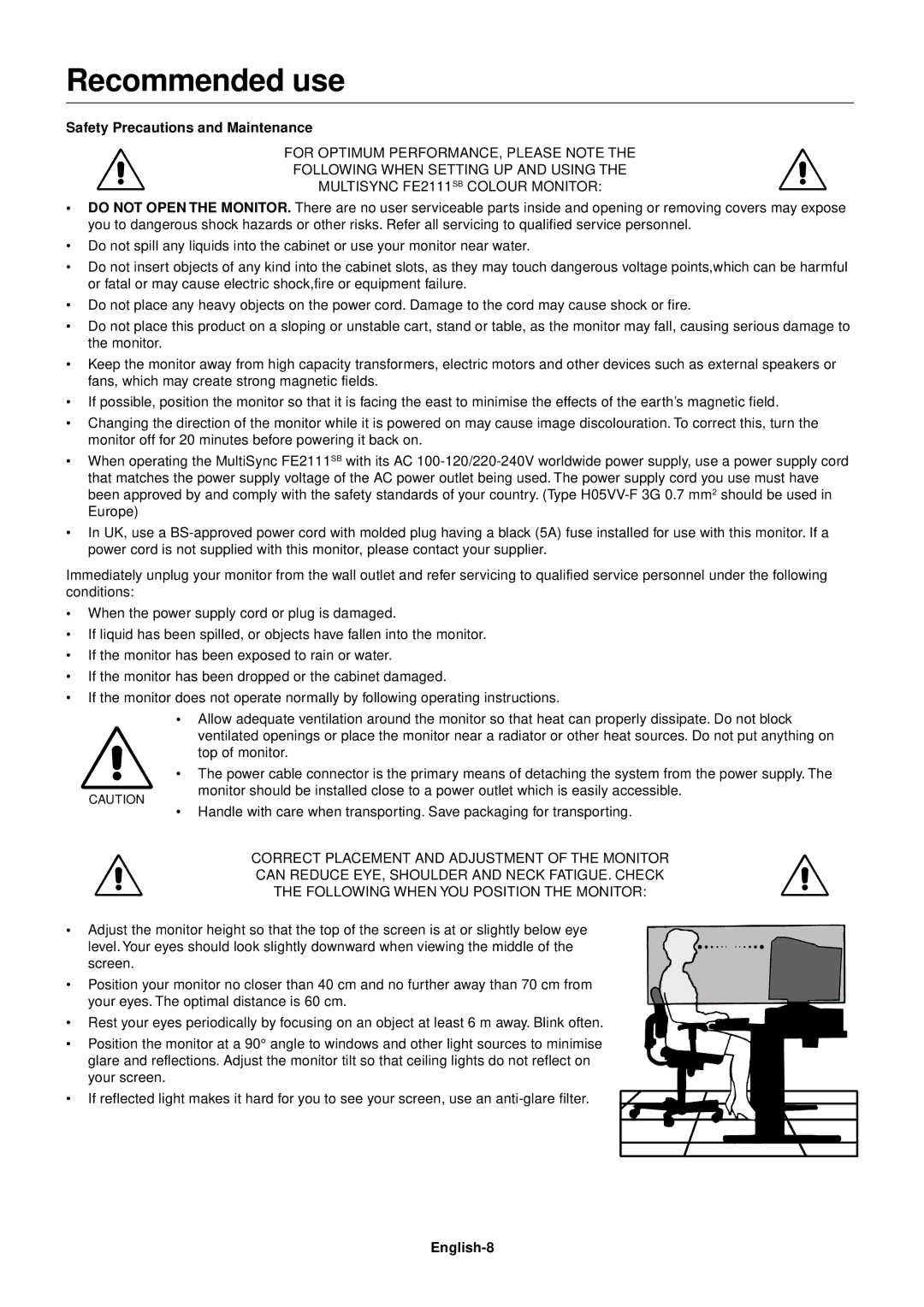 NEC FE2111SB user manual Recommended use, Safety Precautions and Maintenance, English-8 