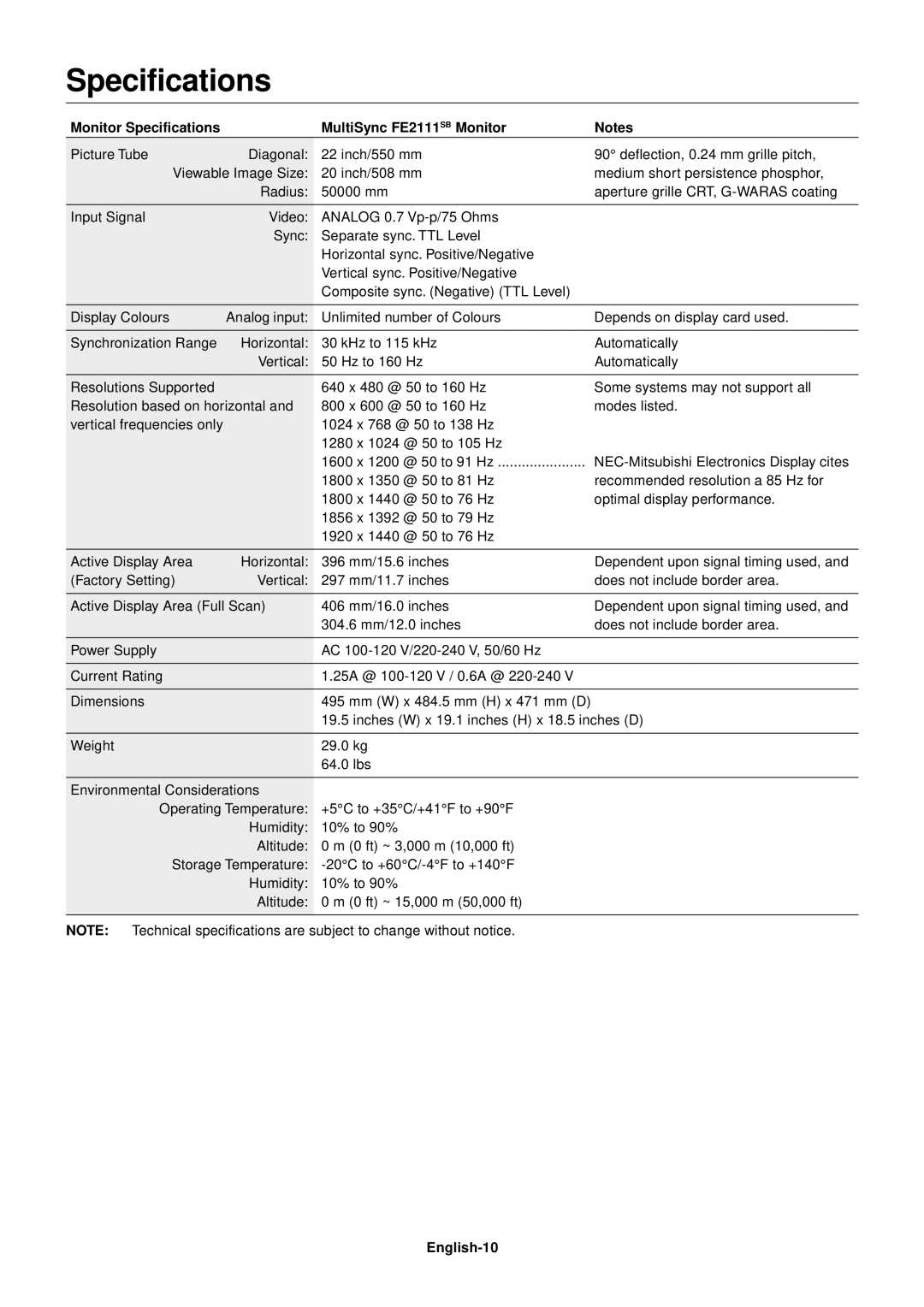 NEC user manual Monitor Specifications MultiSync FE2111SB Monitor, English-10 