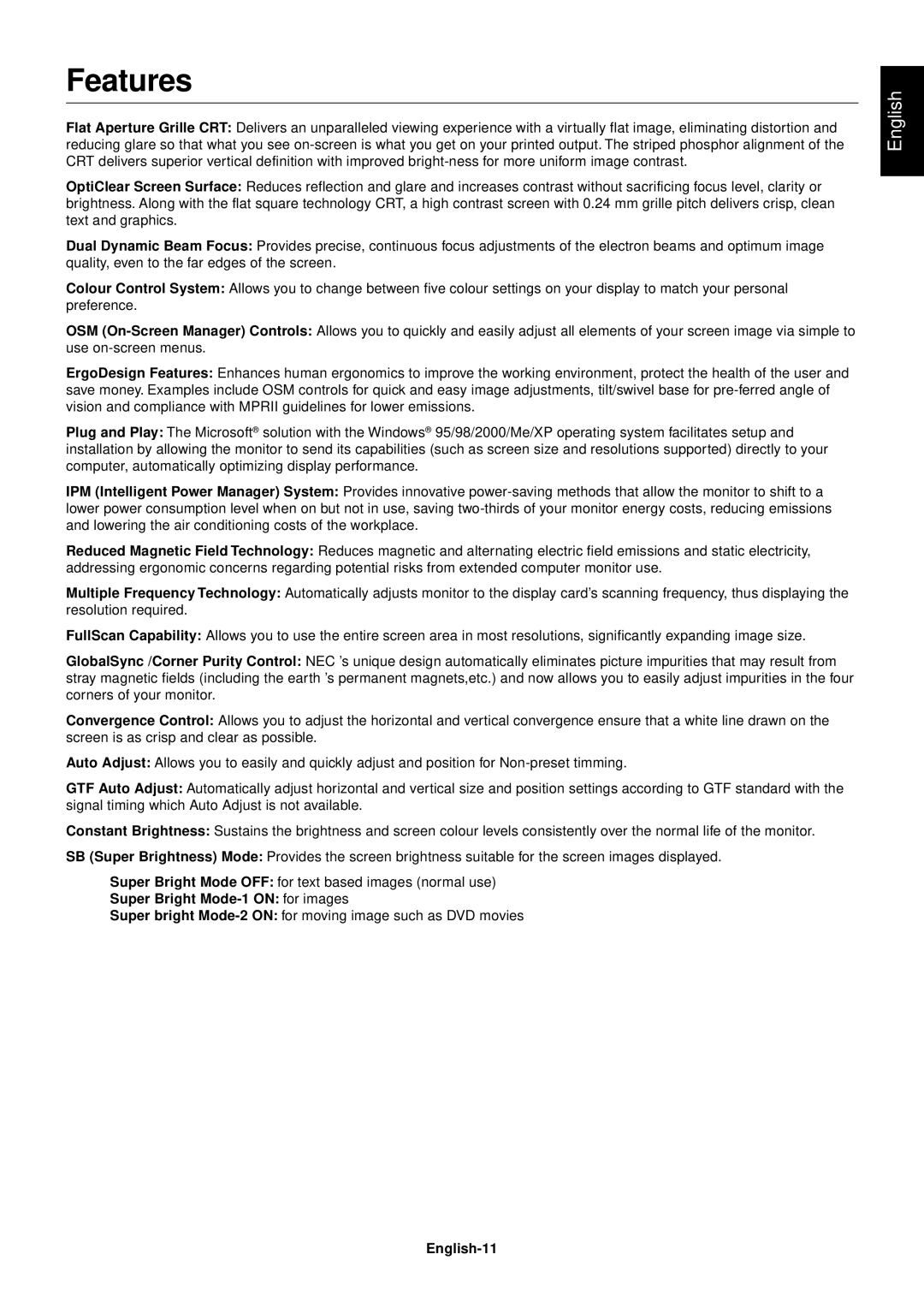 NEC FE2111SB user manual Features, English-11 