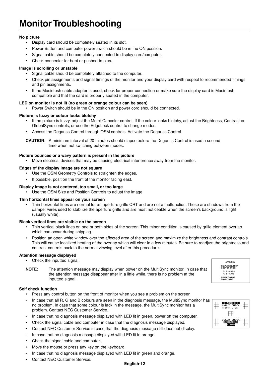 NEC FE2111SB user manual Monitor Troubleshooting 