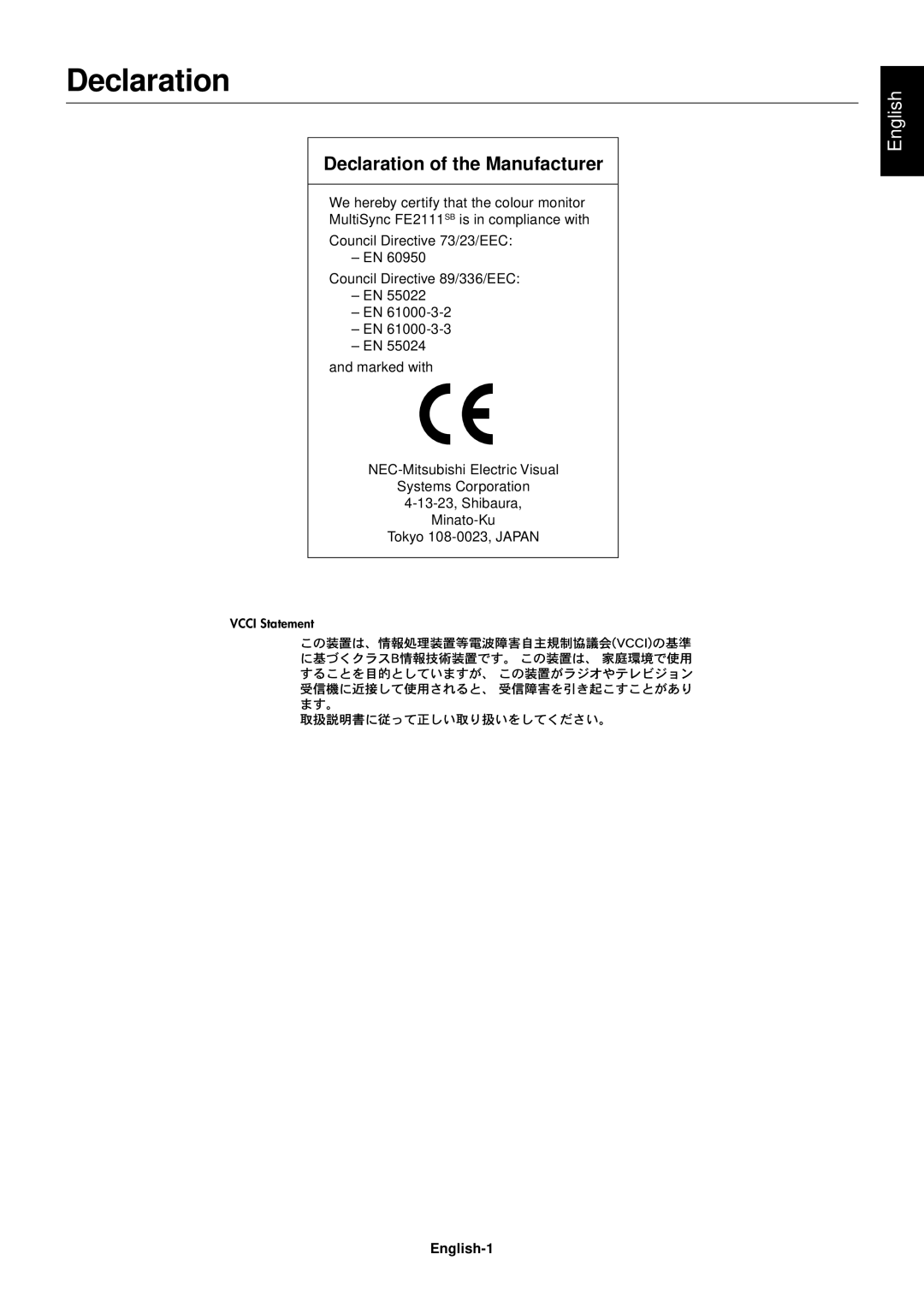 NEC FE2111SB user manual Declaration, English-1 