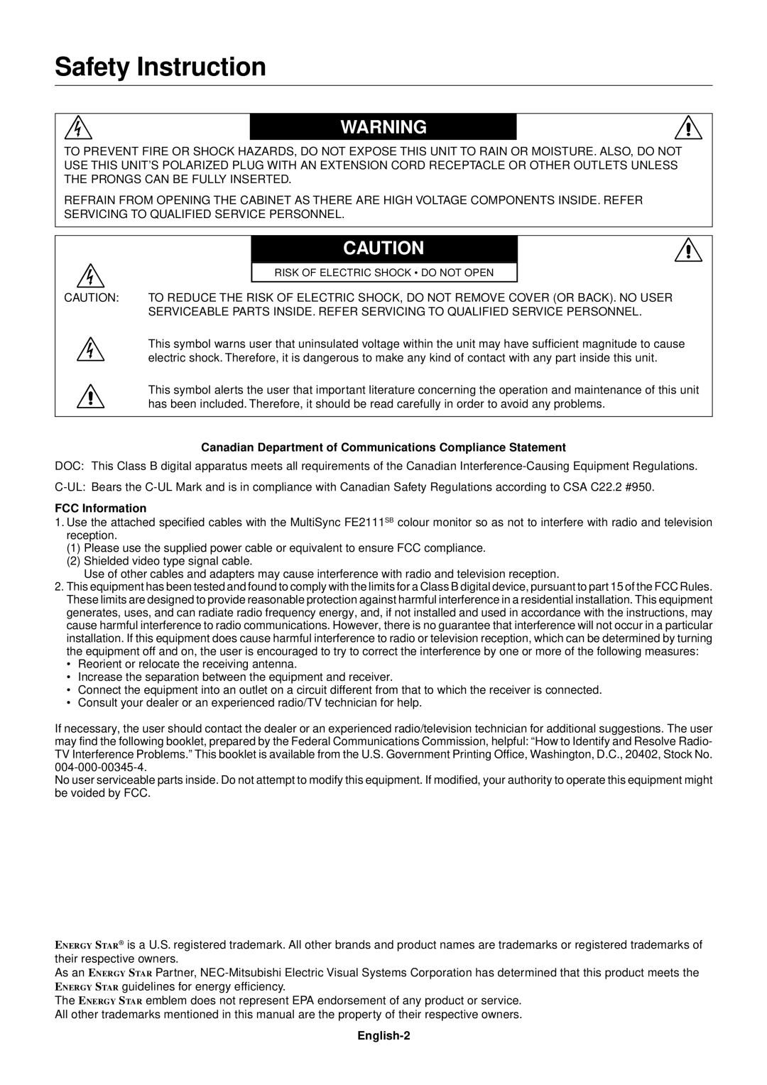 NEC FE2111SB Safety Instruction, Canadian Department of Communications Compliance Statement, FCC Information, English-2 