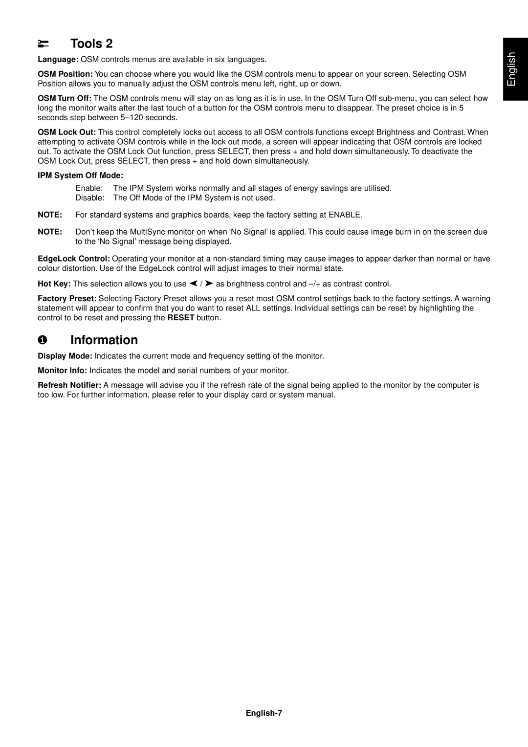 NEC FE2111SB user manual Information, IPM System Off Mode, English-7 