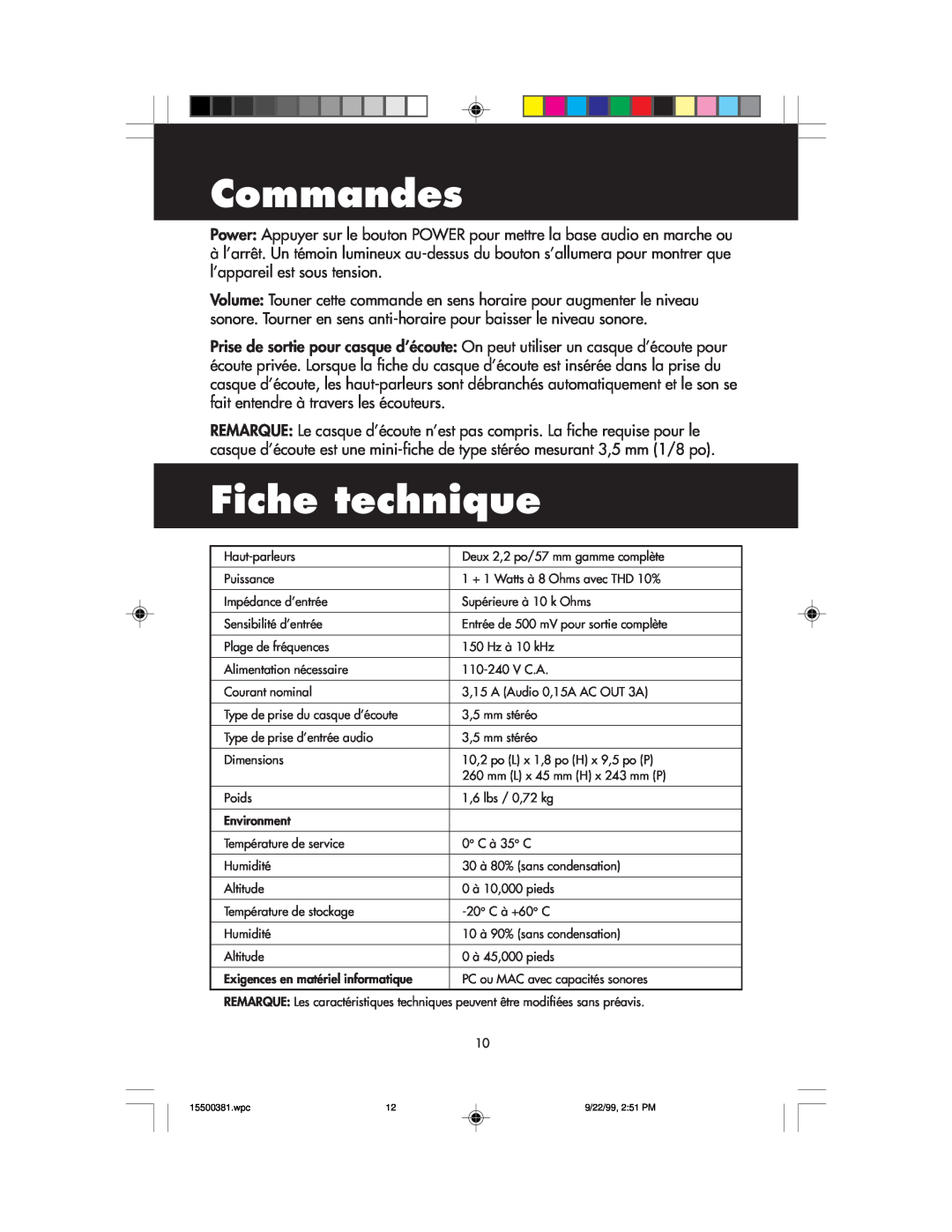 NEC FE700M manual Commandes, Fiche technique 