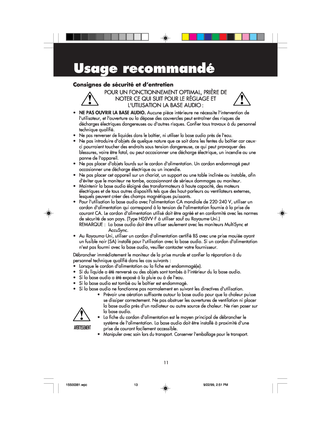 NEC FE700M manual Usage recommandé, Consignes de sécurité et d’entretien 