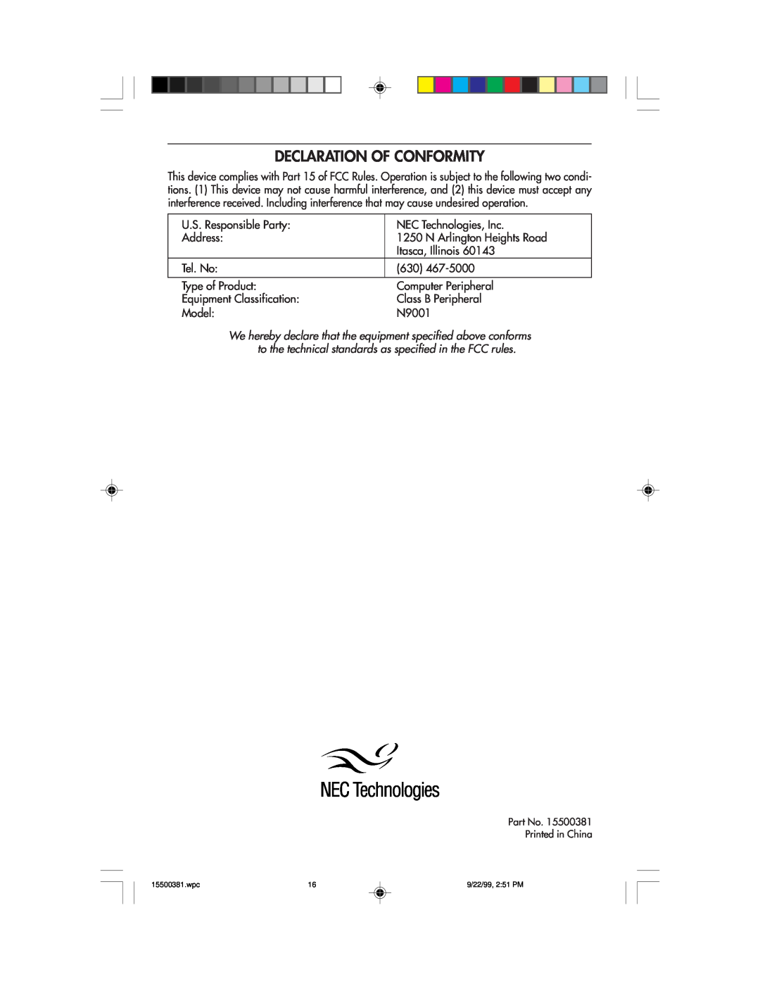 NEC FE700M manual Declaration Of Conformity 