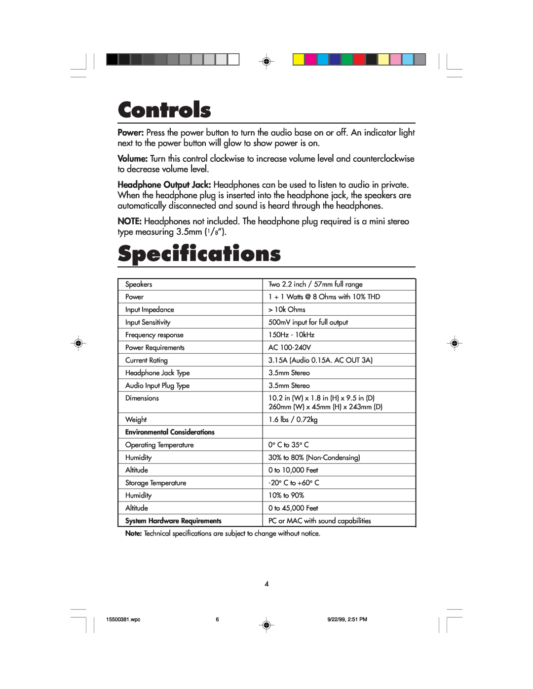 NEC FE700M manual Controls, Specifications 