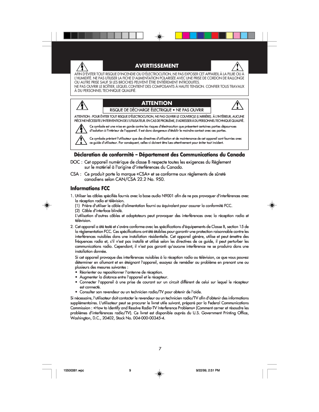 NEC FE700M manual Avertissement, Déclaration de conformité - Département des Communications du Canada, Informations FCC 