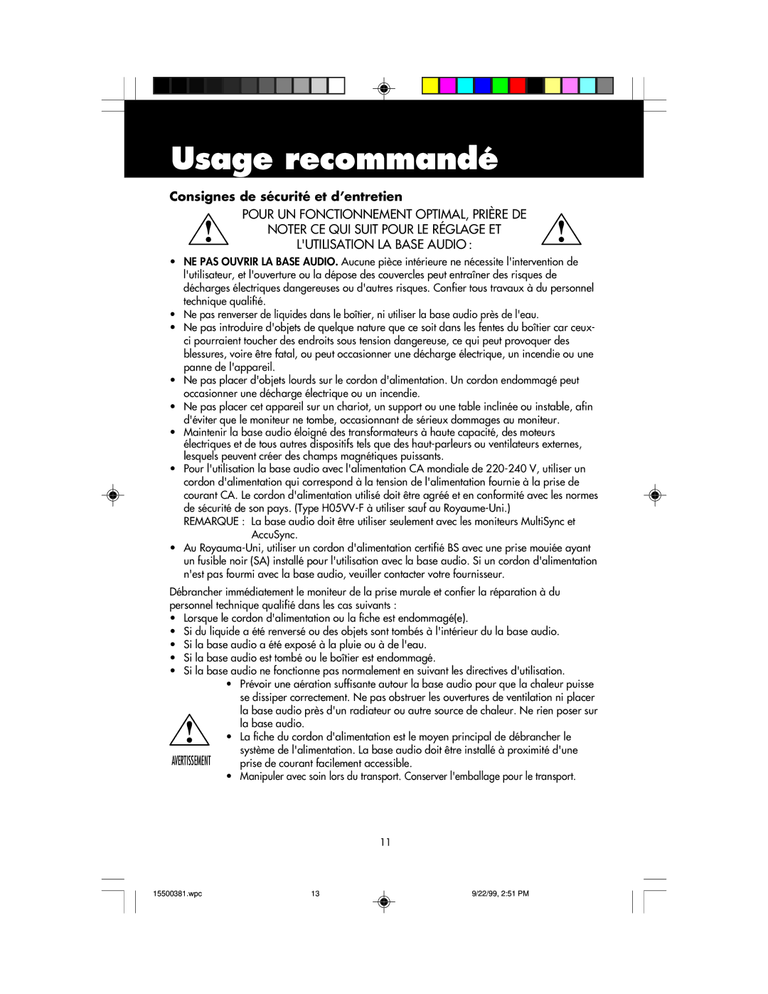 NEC FE700M manual Usage recommandé, Consignes de sécurité et d’entretien 