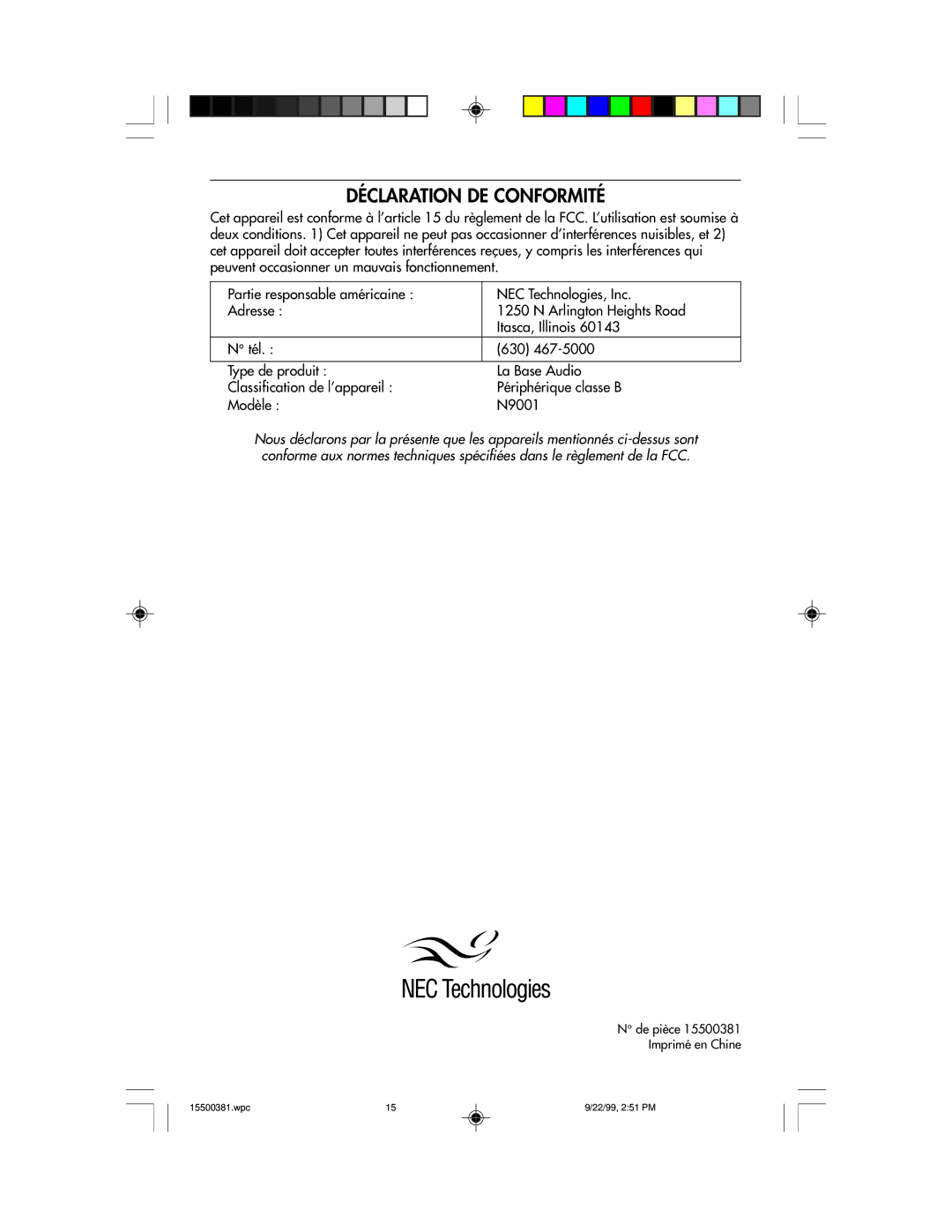 NEC FE700M manual Déclaration DE Conformité 