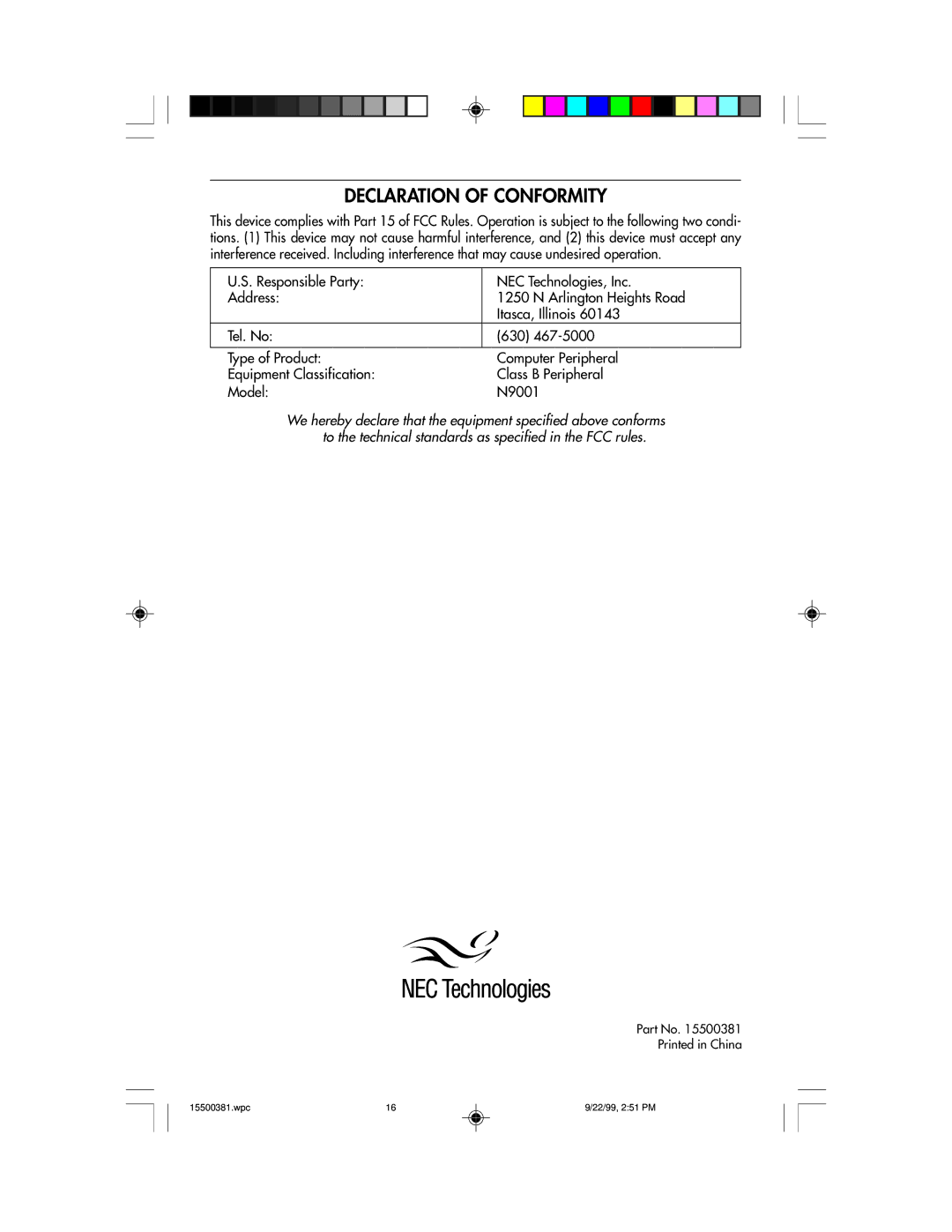 NEC FE700M manual Declaration of Conformity 