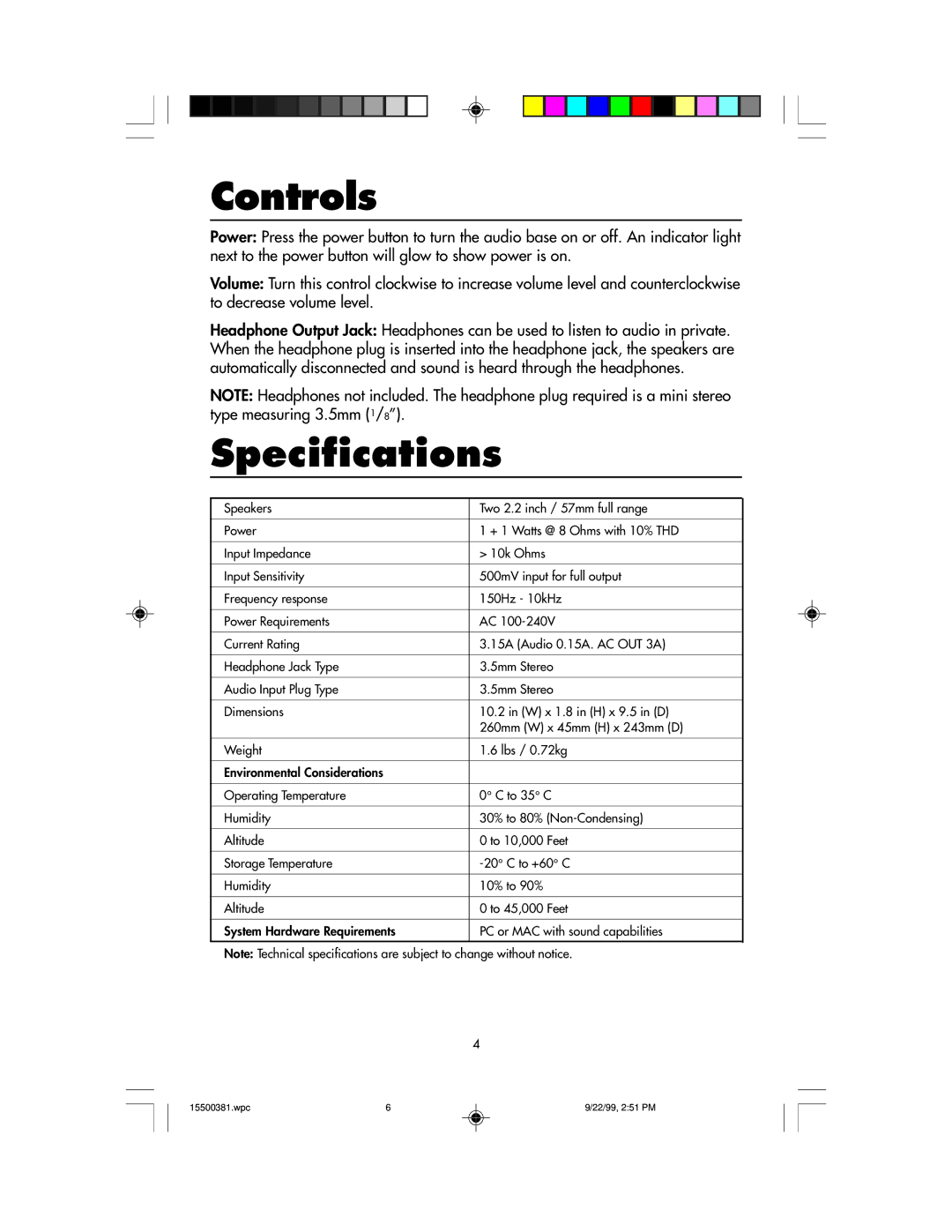 NEC FE700M manual Controls, Specifications 