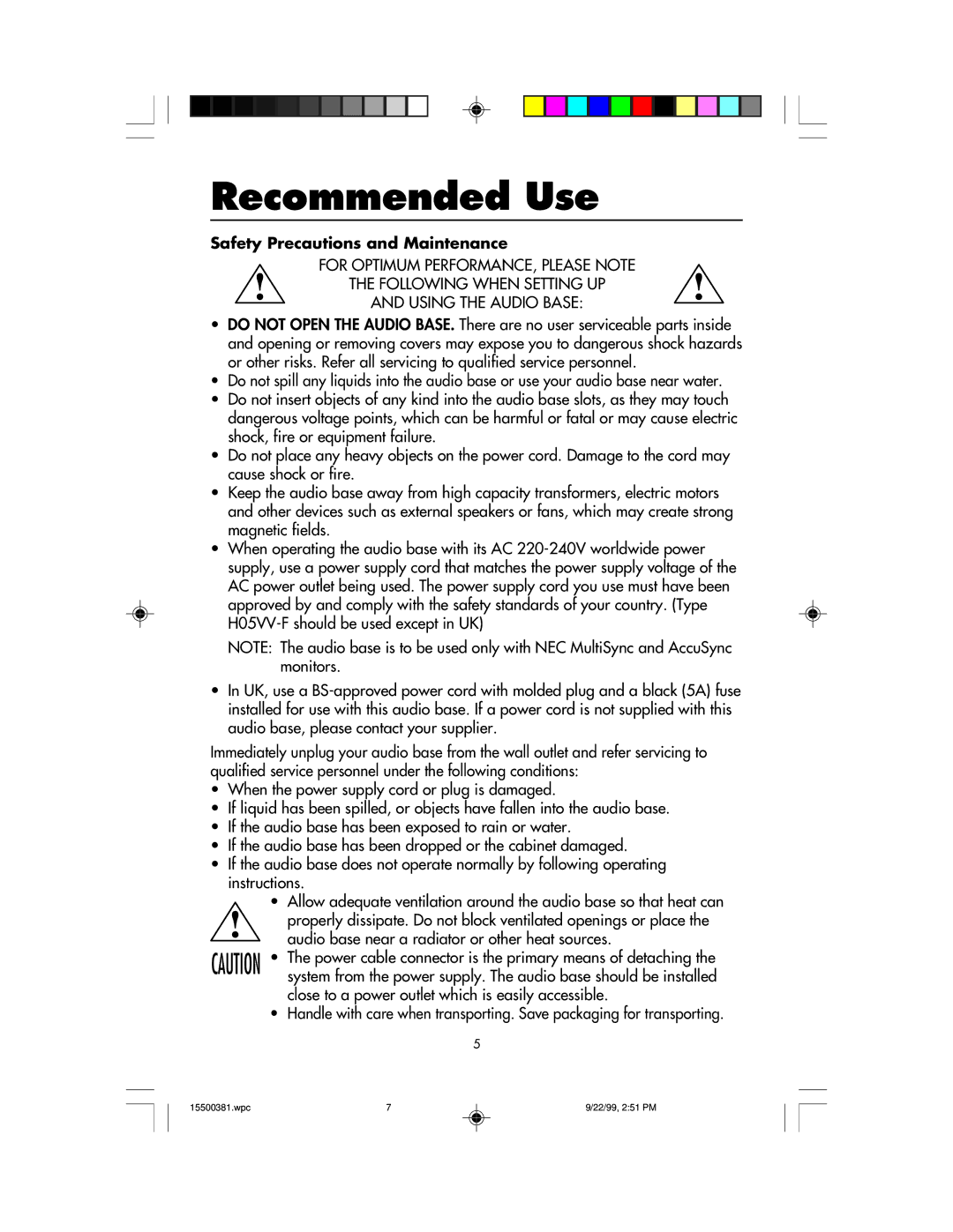 NEC FE700M manual Recommended Use, Safety Precautions and Maintenance 