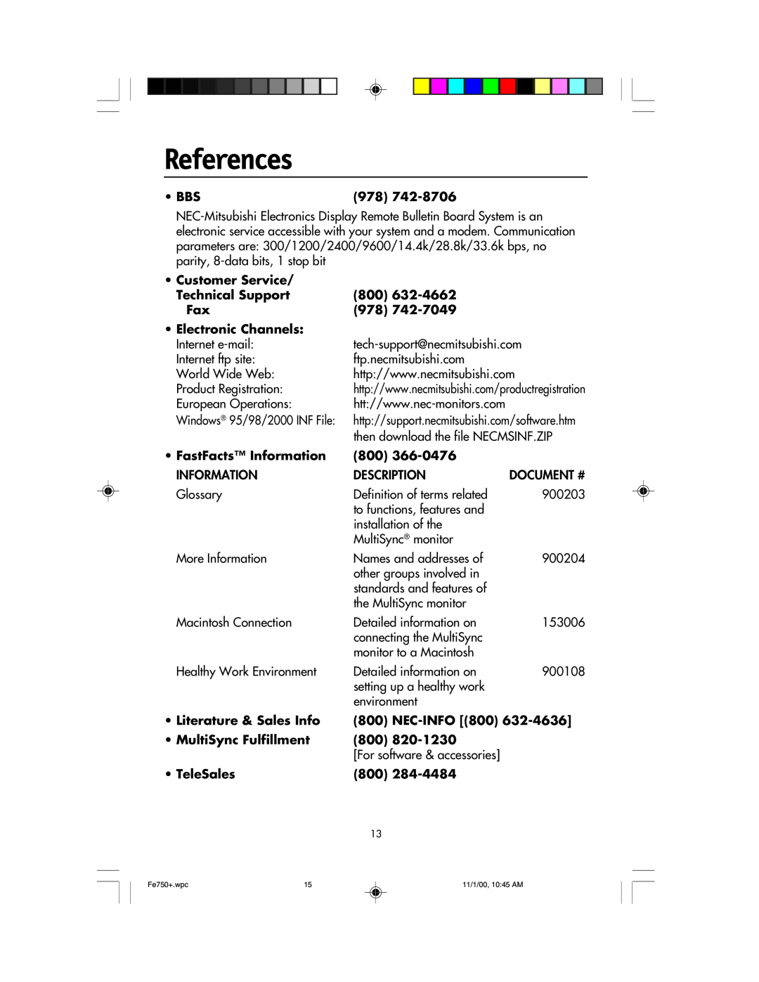 NEC FE750 Plus user manual References, Document # 
