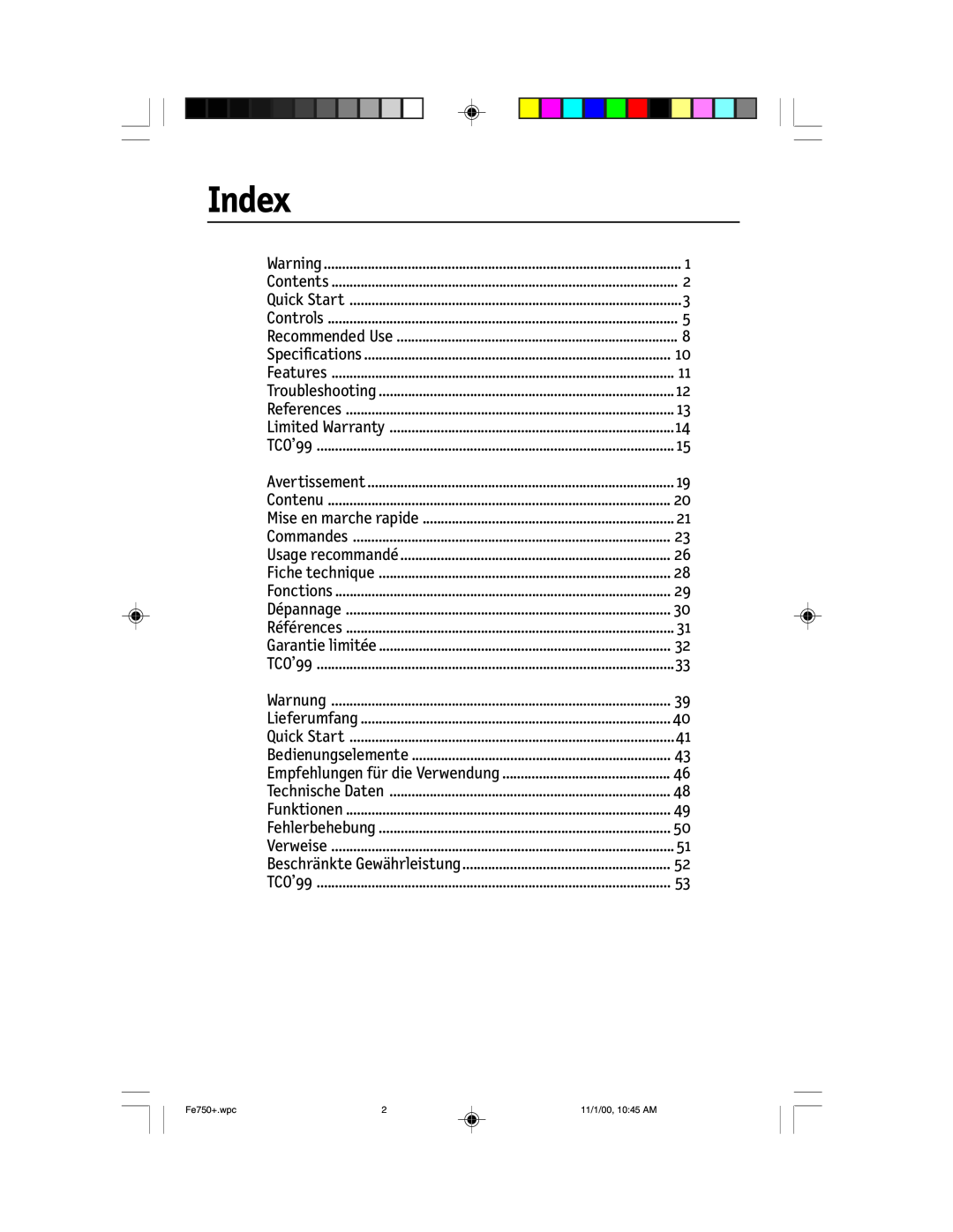 NEC FE750 Plus user manual Index 