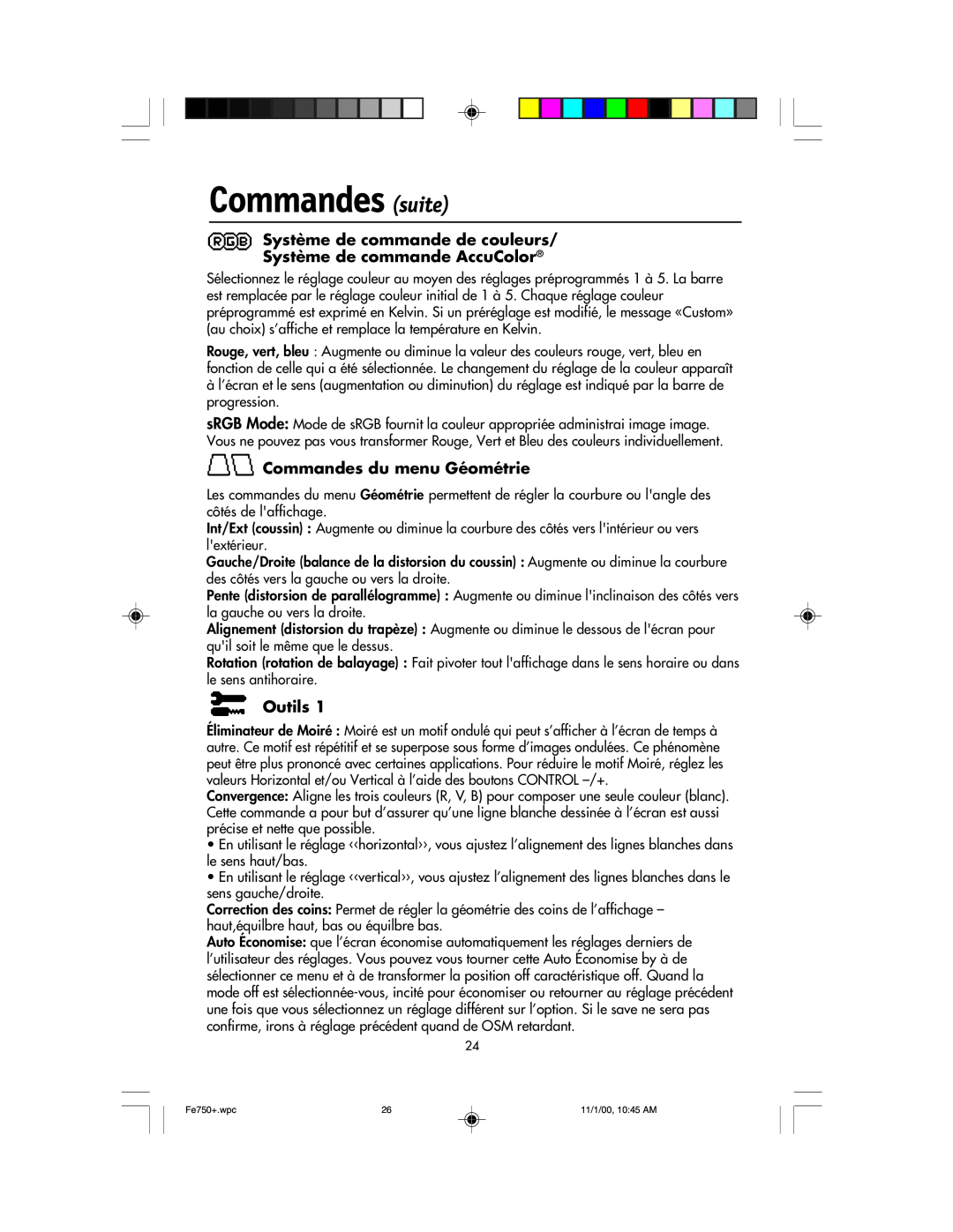 NEC FE750 Plus Commandes suite, Système de commande de couleurs Système de commande AccuColor, Commandes du menu Géométrie 