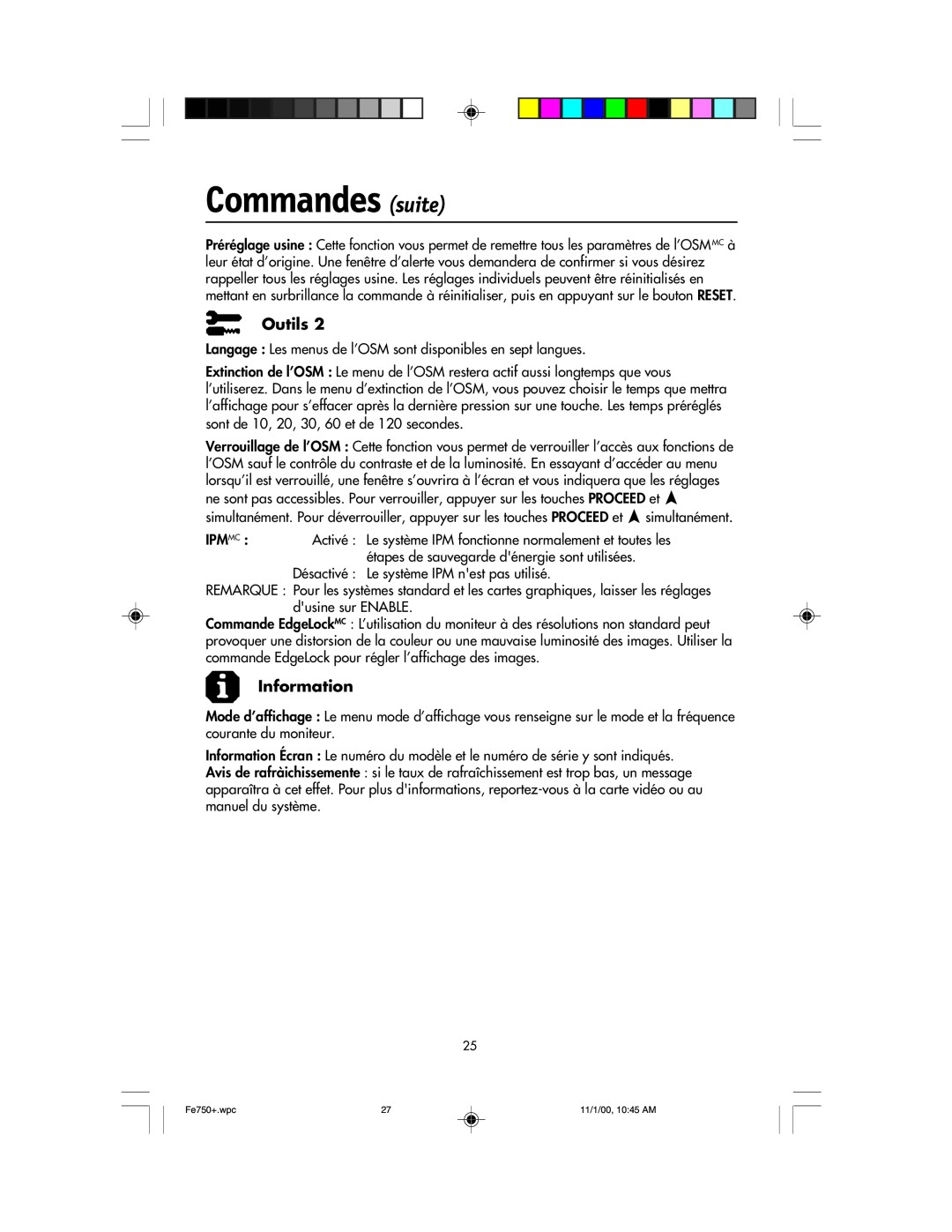 NEC FE750 Plus user manual Commandes suite, Langage Les menus de l’OSM sont disponibles en sept langues 