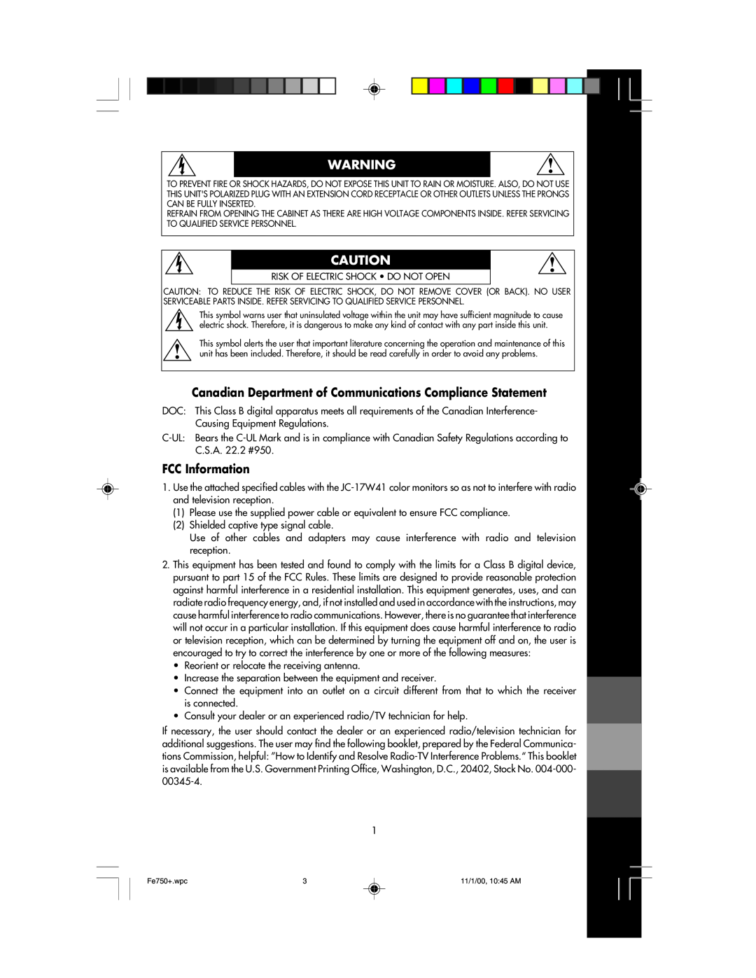 NEC FE750 Plus user manual Canadian Department of Communications Compliance Statement, FCC Information 