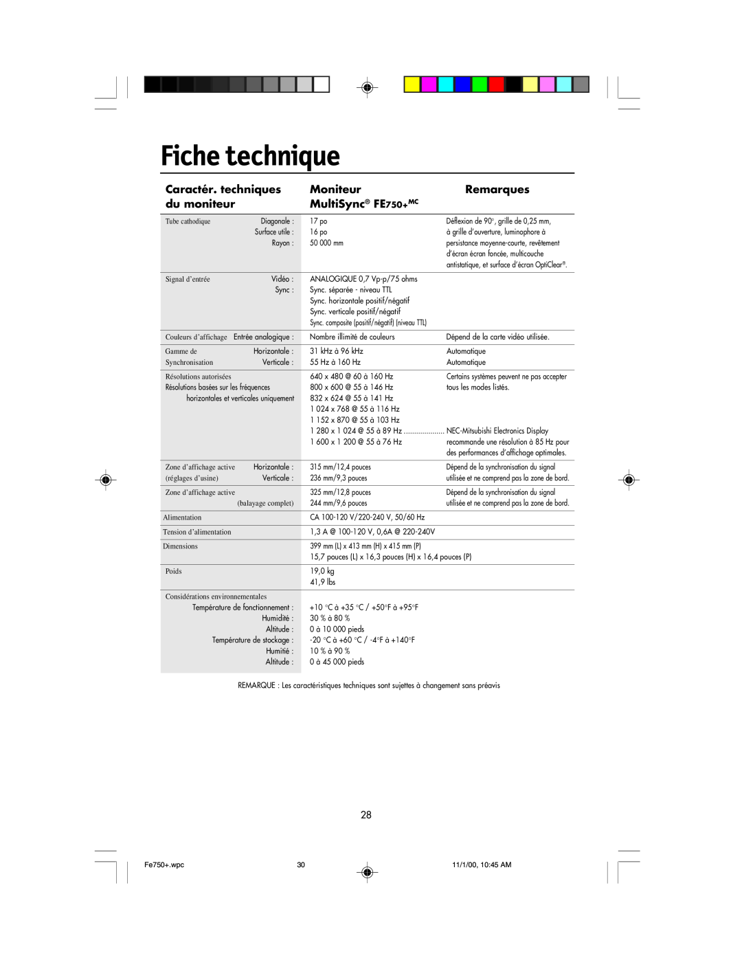 NEC FE750 Plus user manual Fiche technique, Caractér. techniques, Moniteur, Remarques, du moniteur, MultiSync FE750+MC 