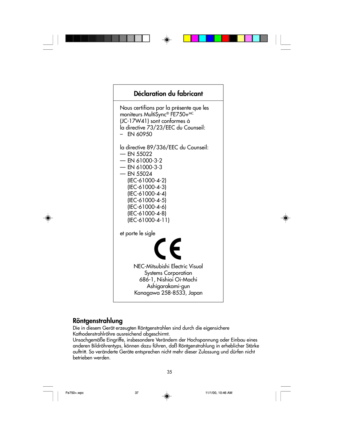 NEC FE750 Plus user manual Déclaration du fabricant, Röntgenstrahlung 