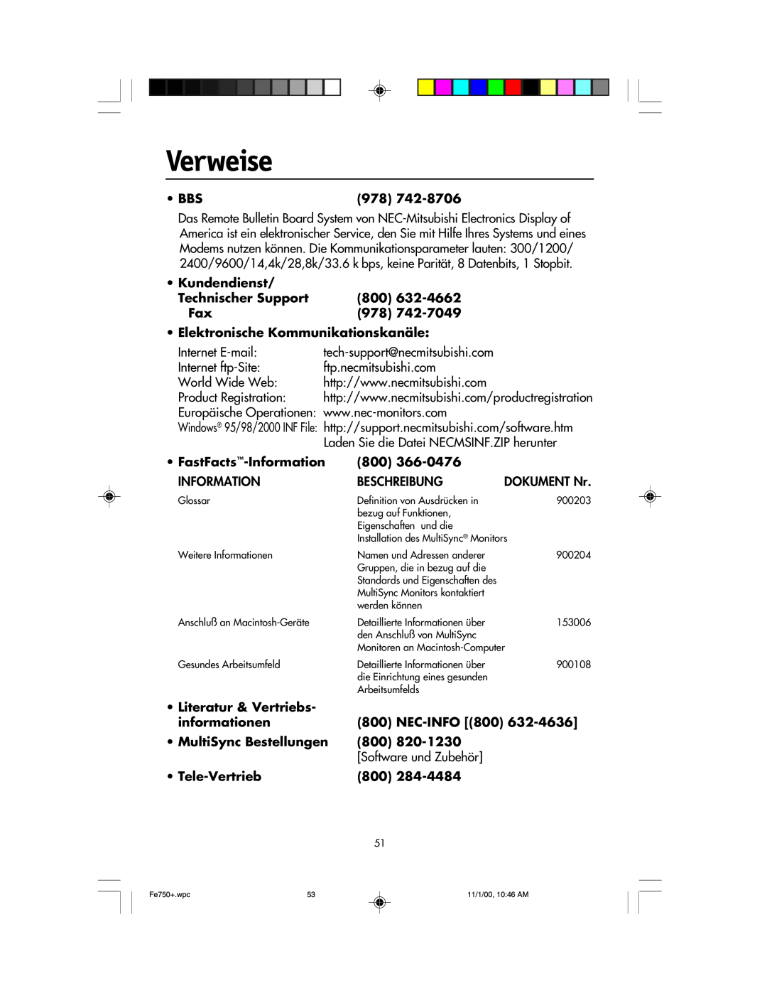 NEC FE750 Plus user manual Verweise, DOKUMENT Nr 