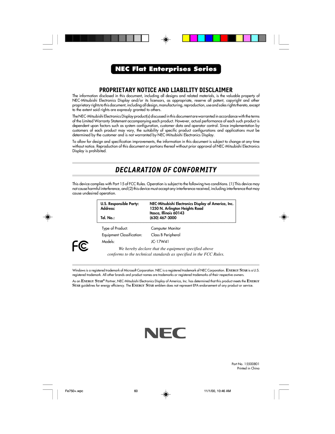 NEC FE750 Plus Declaration Of Conformity, Proprietary Notice And Liability Disclaimer, NEC Flat Enterprises Series 