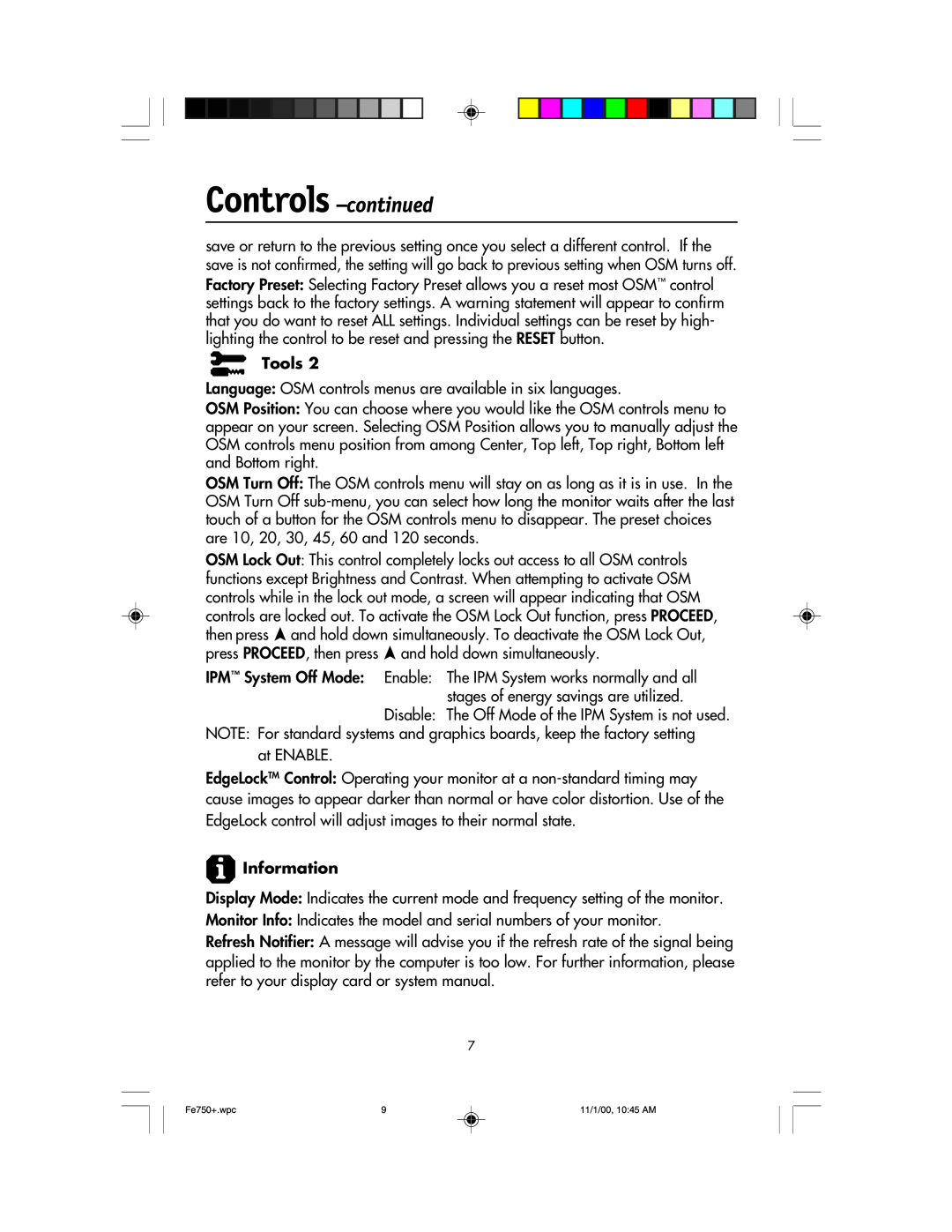 NEC FE750 Plus user manual Controls -continued, Language OSM controls menus are available in six languages 