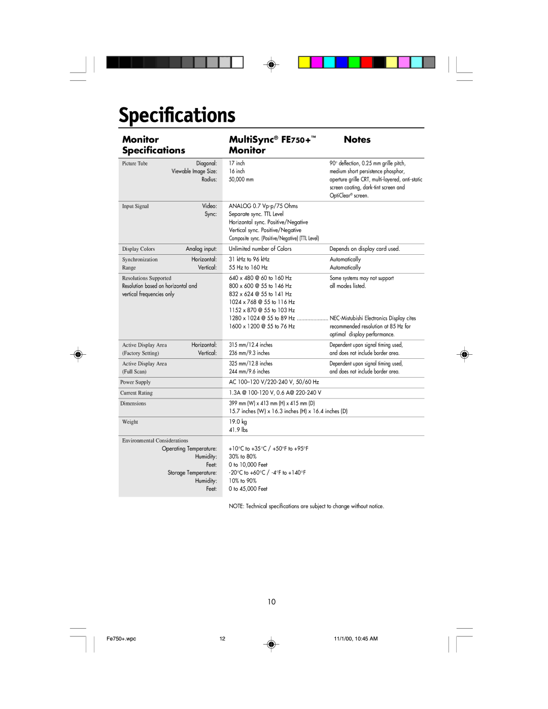 NEC FE750 Plus user manual Monitor MultiSync FE750+ Specifications 