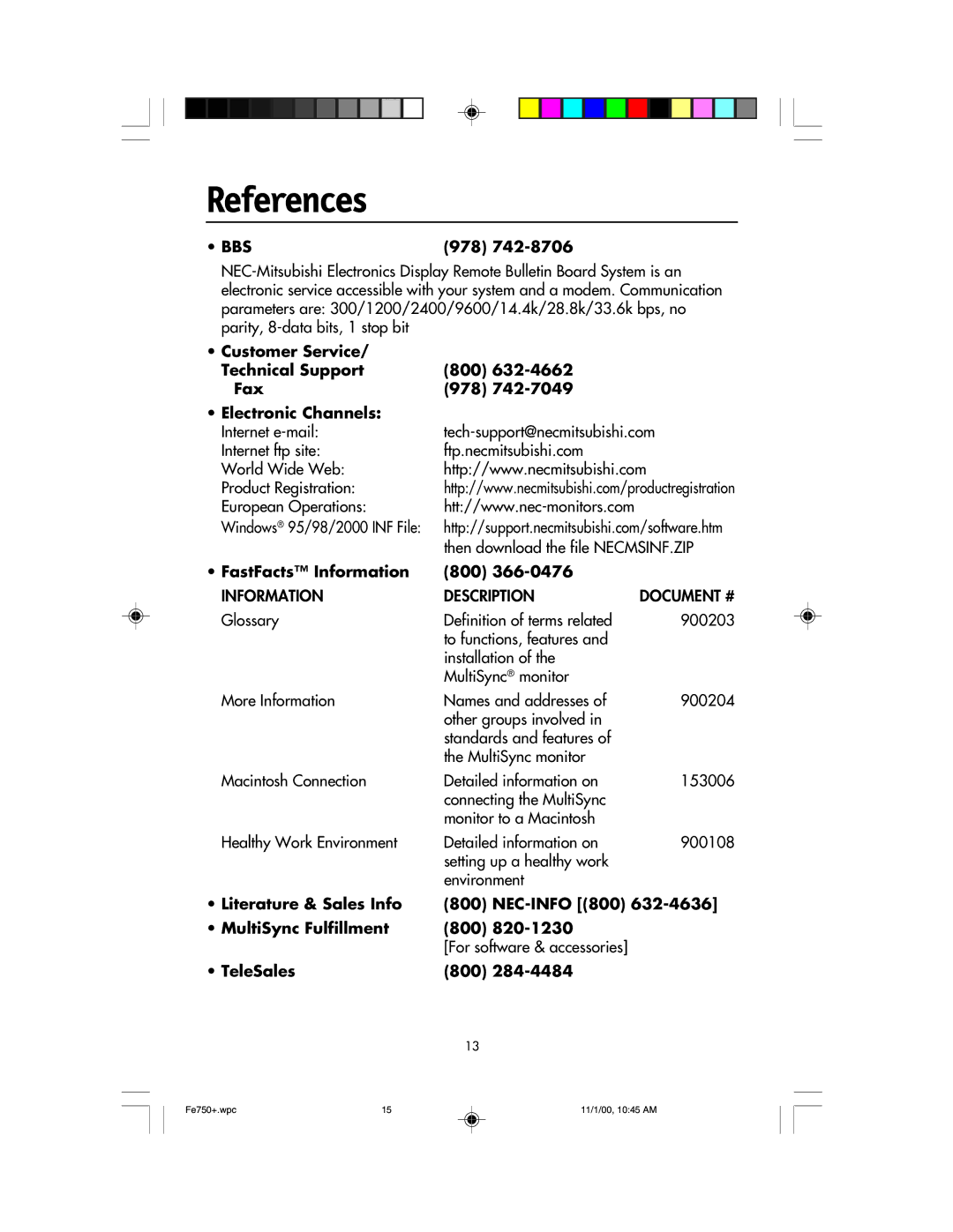 NEC FE750 Plus References, 978, FastFacts Information 800, Literature & Sales Info NEC-INFO 800 MultiSync Fulfillment 