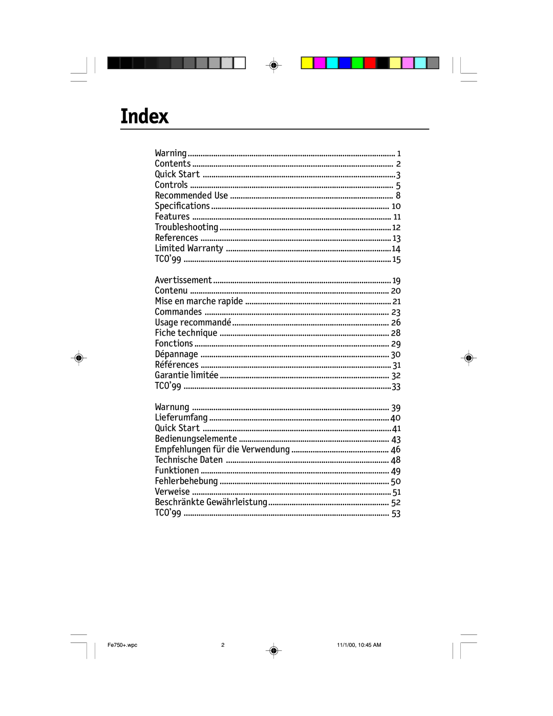 NEC FE750 Plus user manual Index 