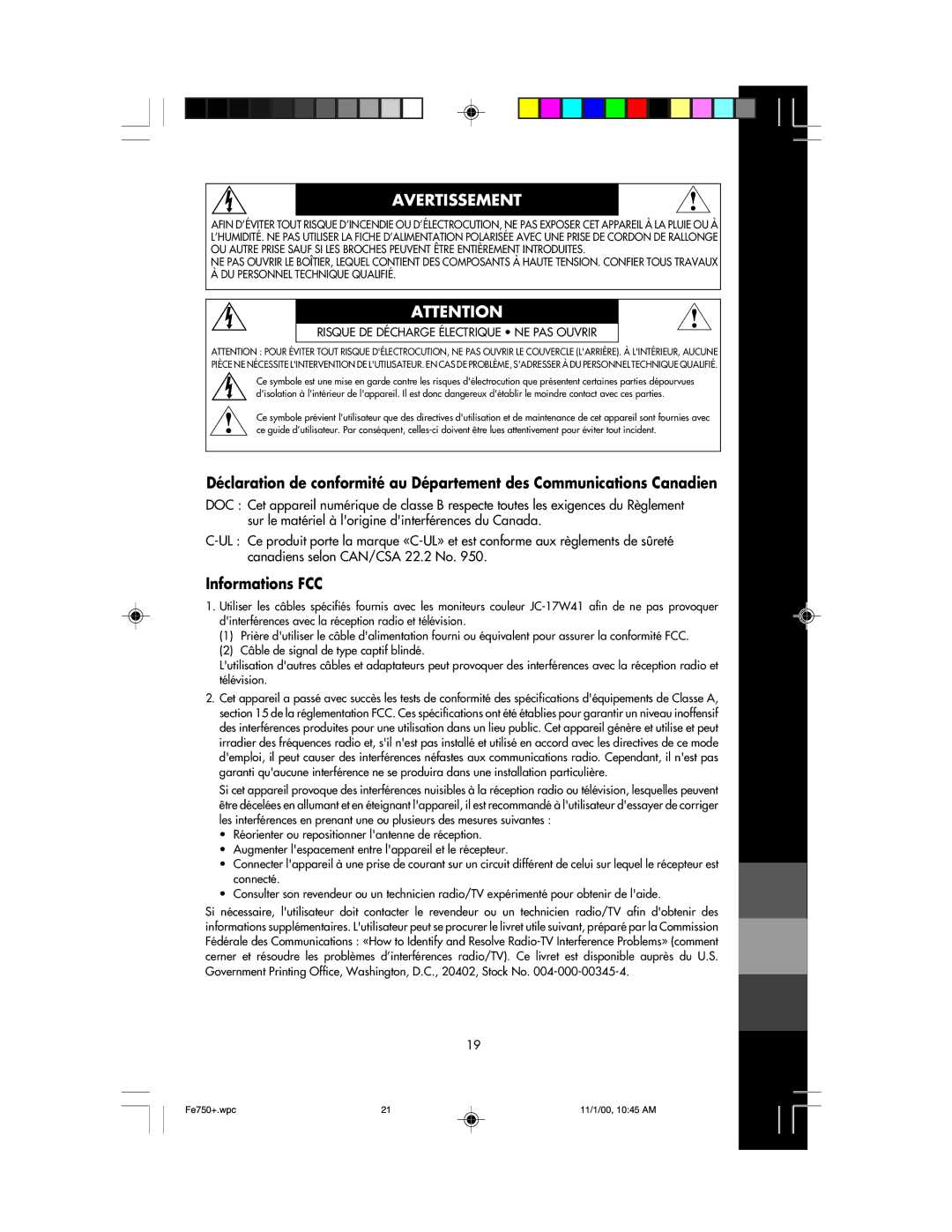 NEC FE750 Plus user manual Avertissement, Informations FCC 