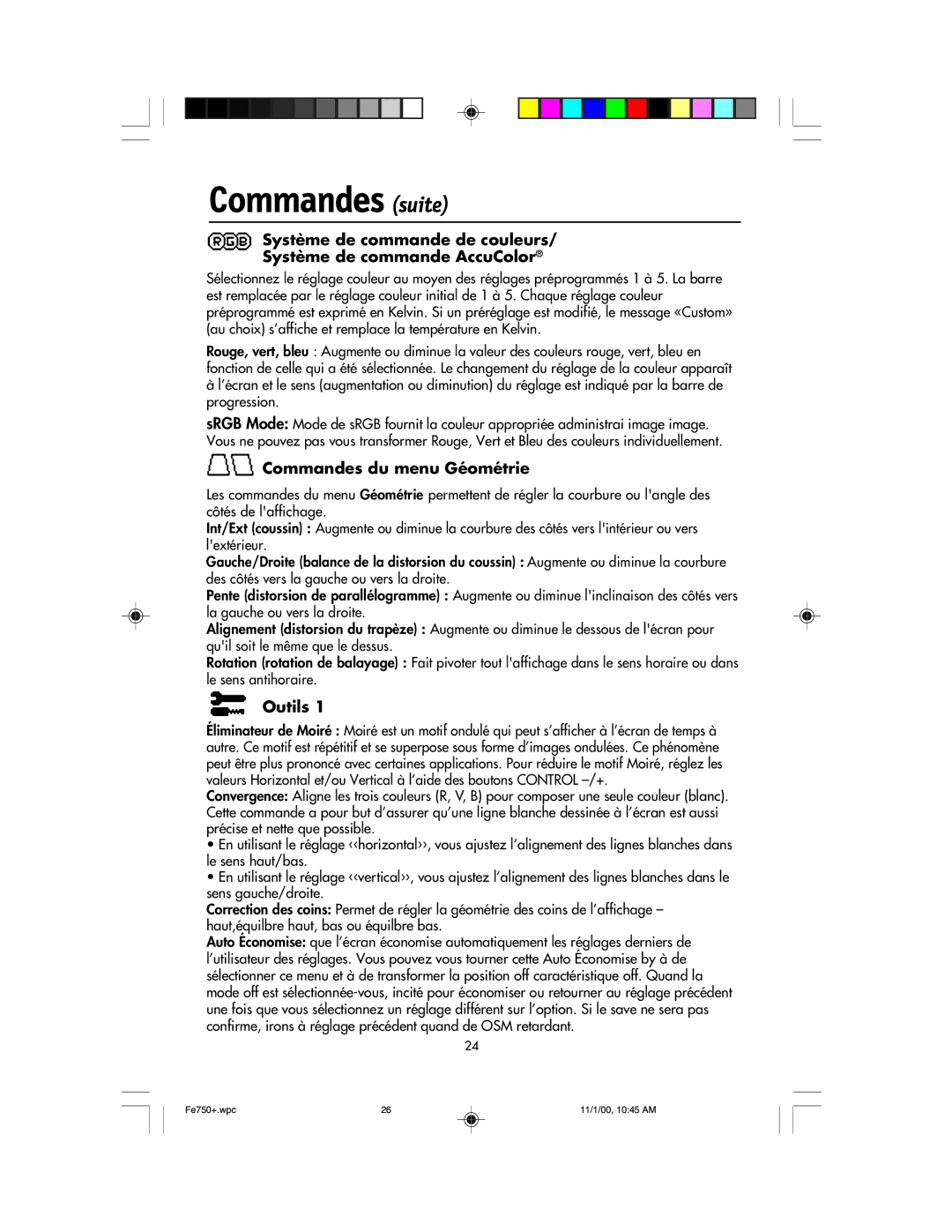 NEC FE750 Plus user manual Commandes suite, Commandes du menu Géométrie, Outils 