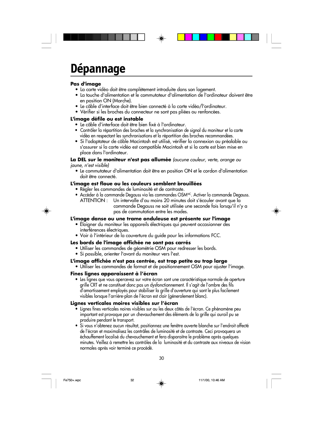 NEC FE750 Plus user manual Dépannage, Pas dimage 