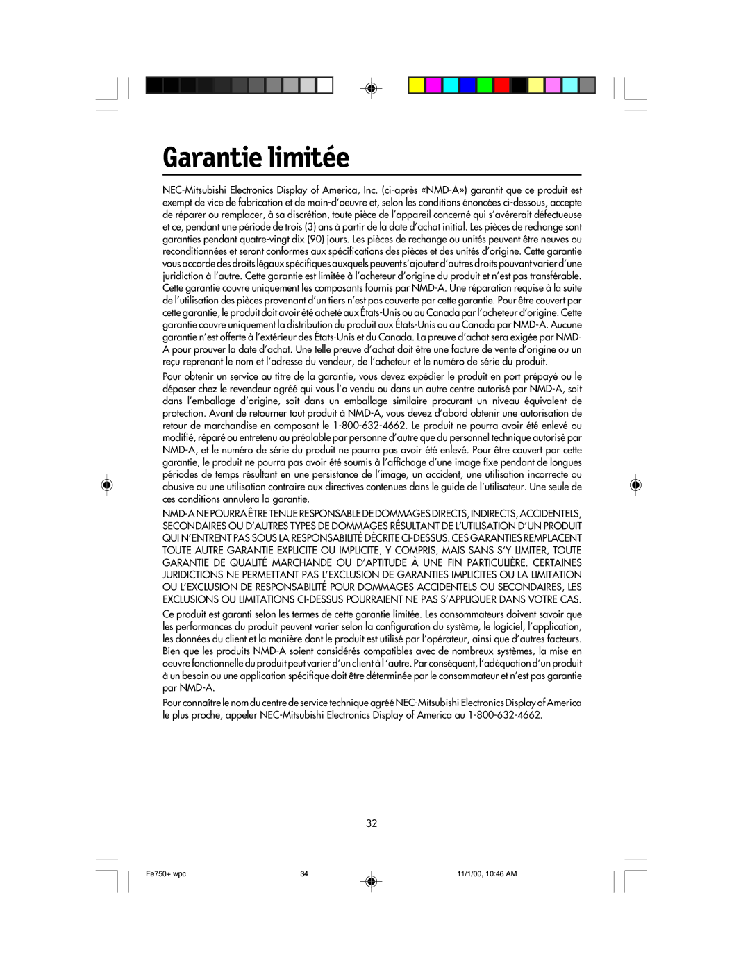 NEC FE750 Plus user manual Garantie limitée 