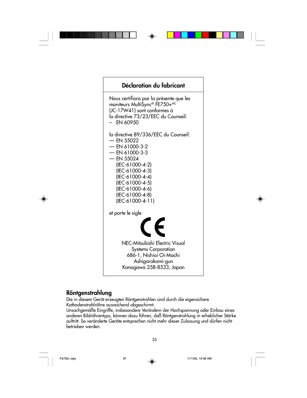 NEC FE750 Plus user manual Déclaration du fabricant 