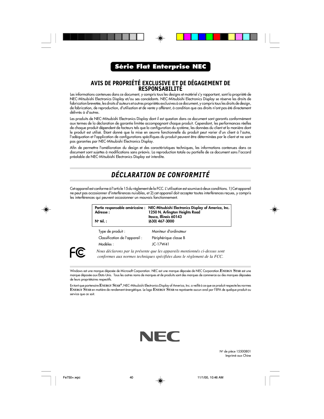 NEC FE750 Plus user manual Déclaration DE Conformité 