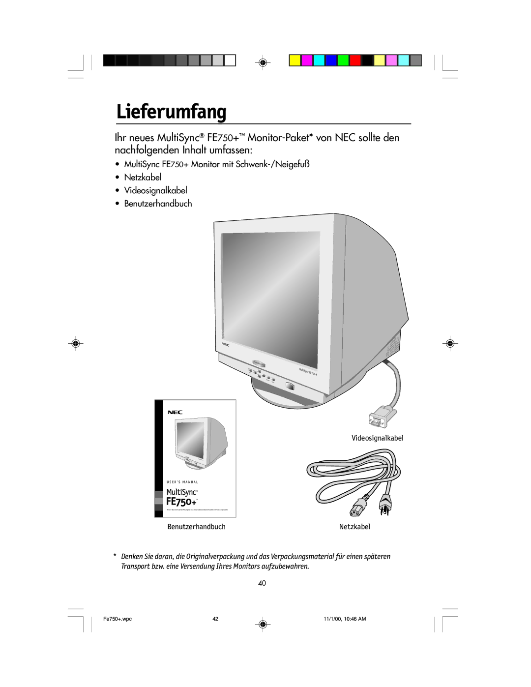 NEC FE750 Plus user manual Lieferumfang 