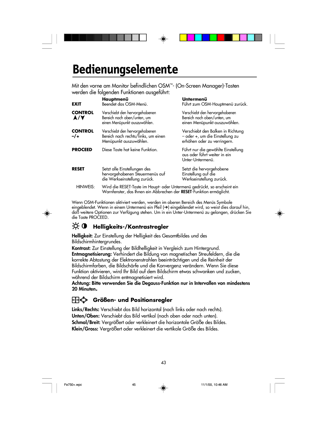 NEC FE750 Plus user manual Bedienungselemente, Helligkeits-/Kontrastregler, Größen- und Positionsregler 