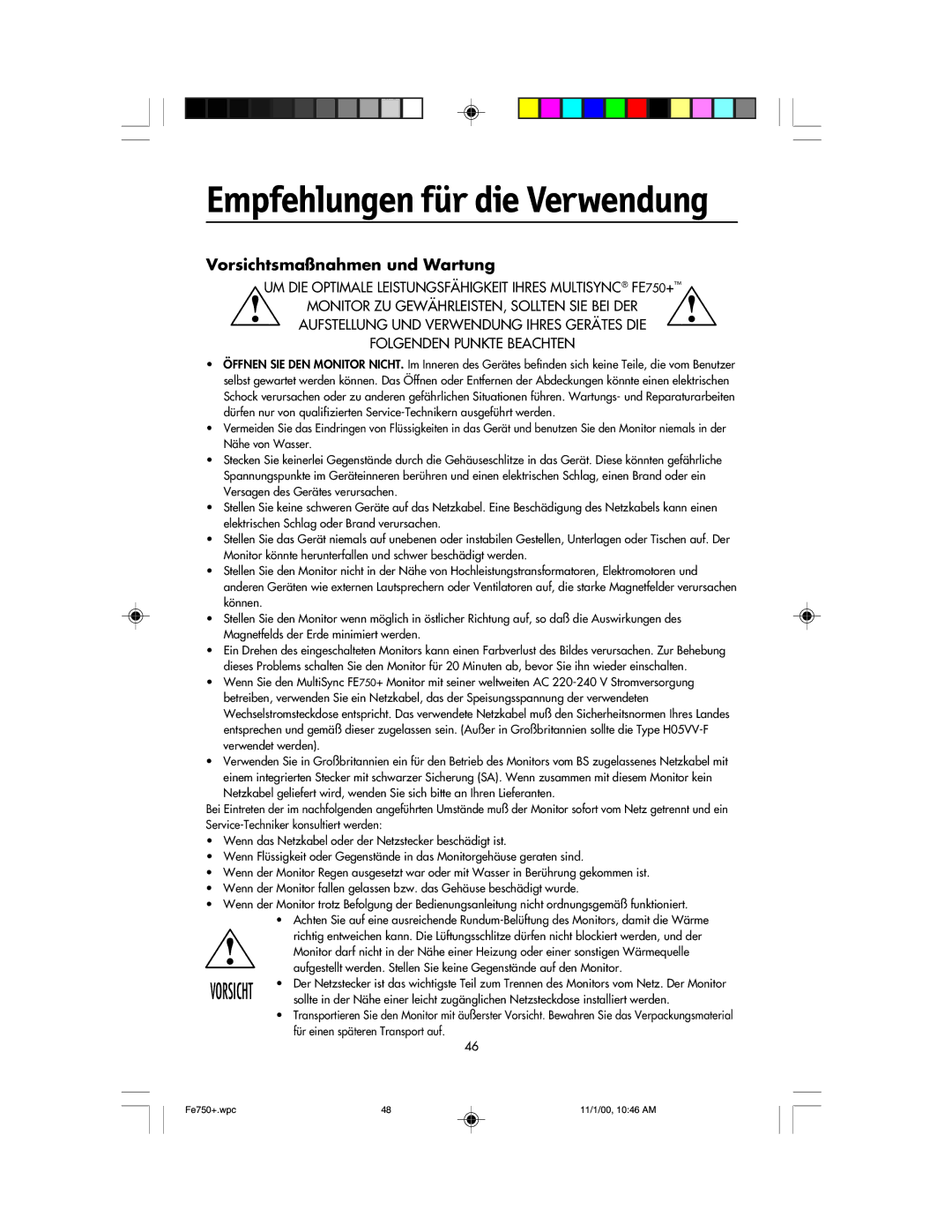 NEC FE750 Plus user manual Empfehlungen für die Verwendung, Vorsichtsmaßnahmen und Wartung 